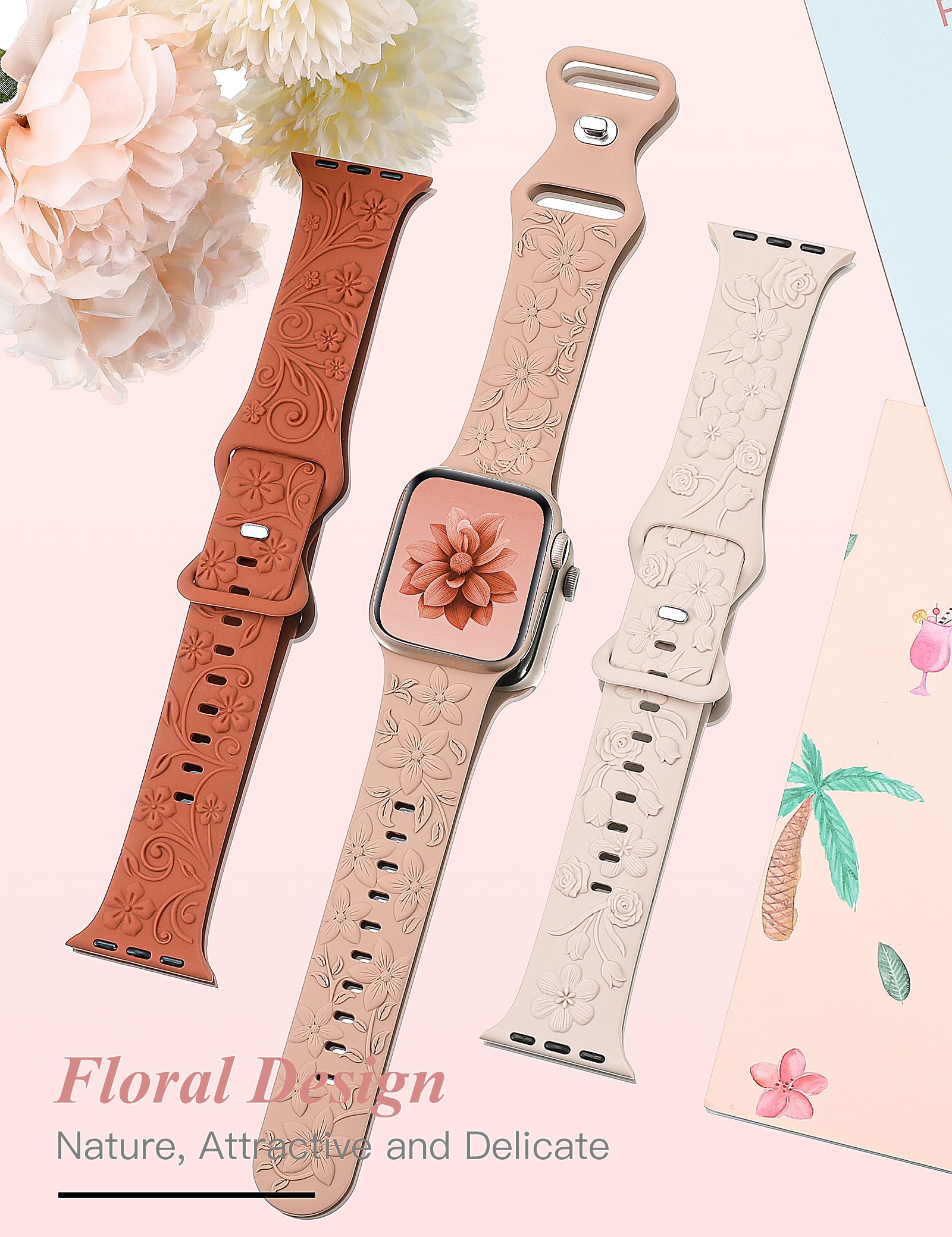 TOYOUTHS 3 Pack 3D Floral Engraved Bands Compatible with Apple Watch Bands 42mm 41mm 40mm 38mm Women, Soft Silicone Embossed Cute Flower Dressy Fancy Straps for iWatch Series 10/9/SE/8/7/6/5/4/3/2/1