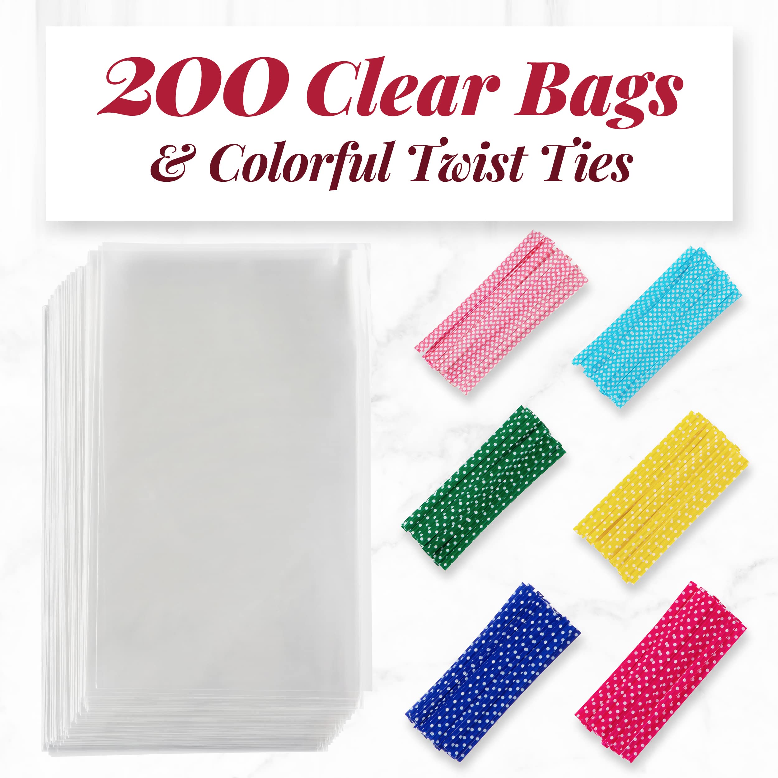 Prestee 200 Pack Clear Cellophane Bags for Favors - Transparent Goodie Bags for Birthday Party, 6x10 Inch Clear Bags with 4-Inch Twist Ties - Candy, Treat, Cookie Bags for Gift Giving