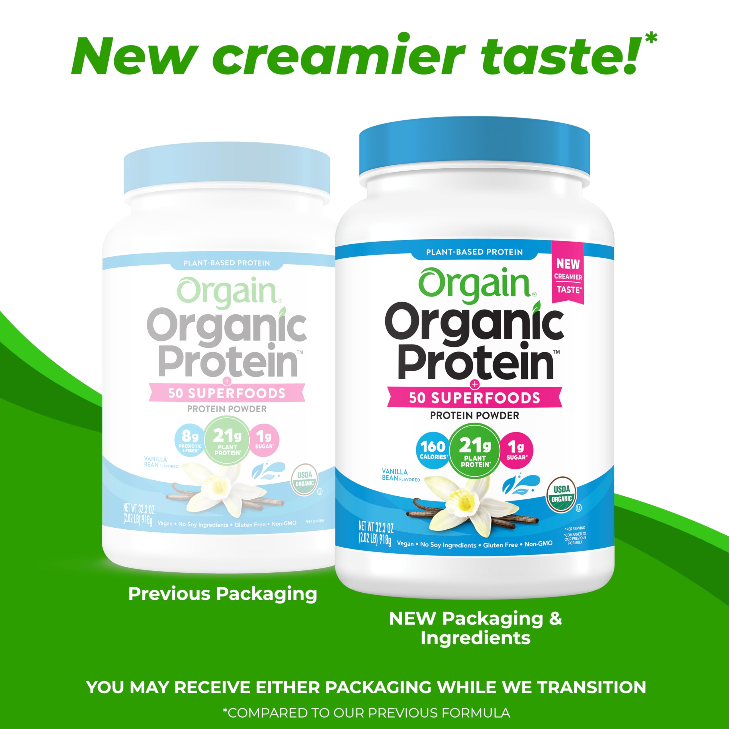 Orgain Organic Vegan Protein + 50 Superfoods Powder, Vanilla Bean - 21g Plant Based Protein, 8g Prebiotic Fiber, No Lactose Ingredients, Gluten Free, Non-GMO, 2.02 lb (Packaging May Vary)