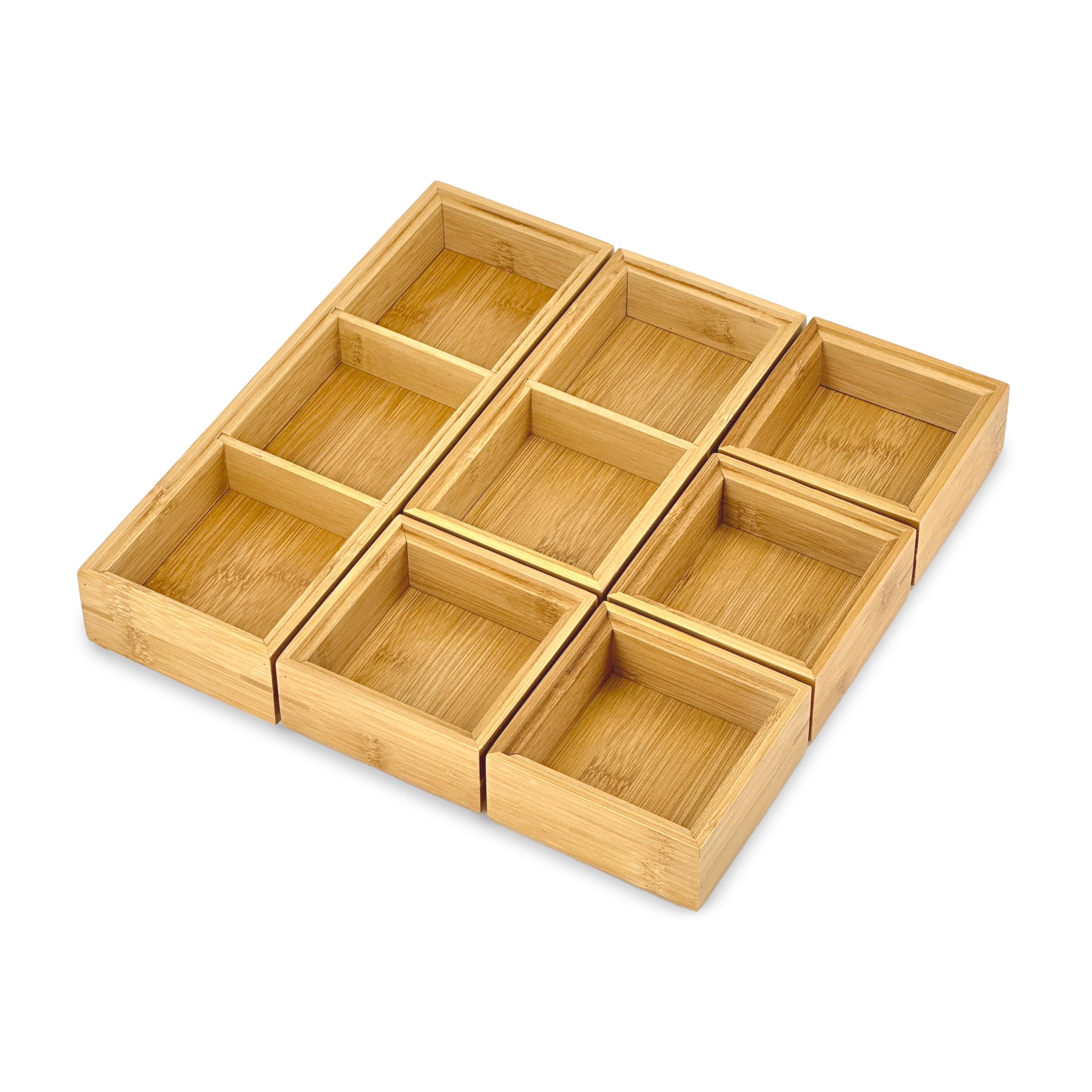 Bam & Boo - 6-Pieces Stackable Natural Bamboo Desk Drawer Organizer Trays & Storage Bins (Multi Size) - for Office, Kitchen, Dresser