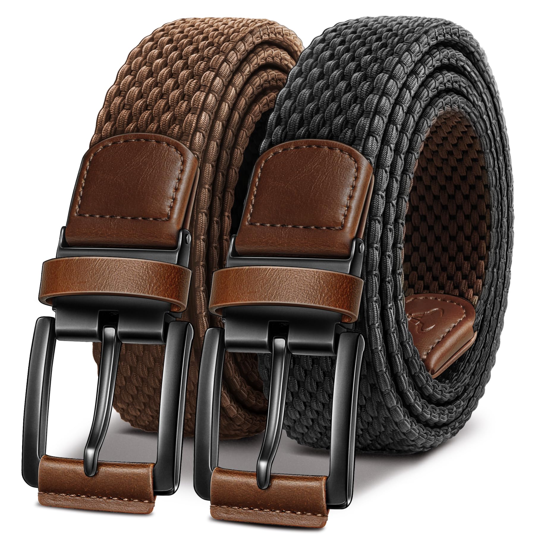 BULLIANT Men Belt Rerversible Golf Belt Stretch Braided for Gift Men 1 3/8"-2 In 1 Belt(Black/Light Brown,32"-36" Waist Adjustable)