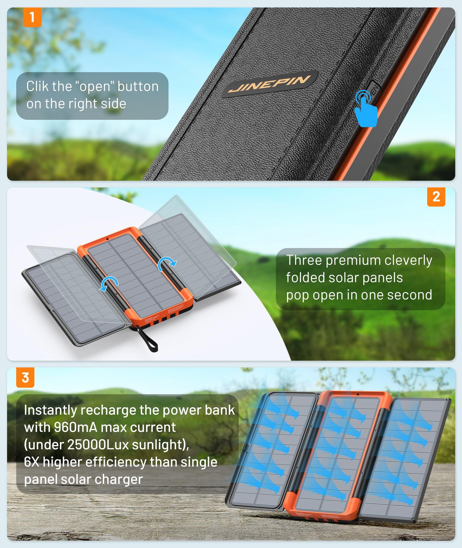 Power Bank Solar Charger 46800mAh Built in 4 Cables 3 Foldable Solar Panels, PD20W Fast Charging Portable Charger, LED Display Powerbank USB C in/Output, External Battery Pack with SOS Camping Light