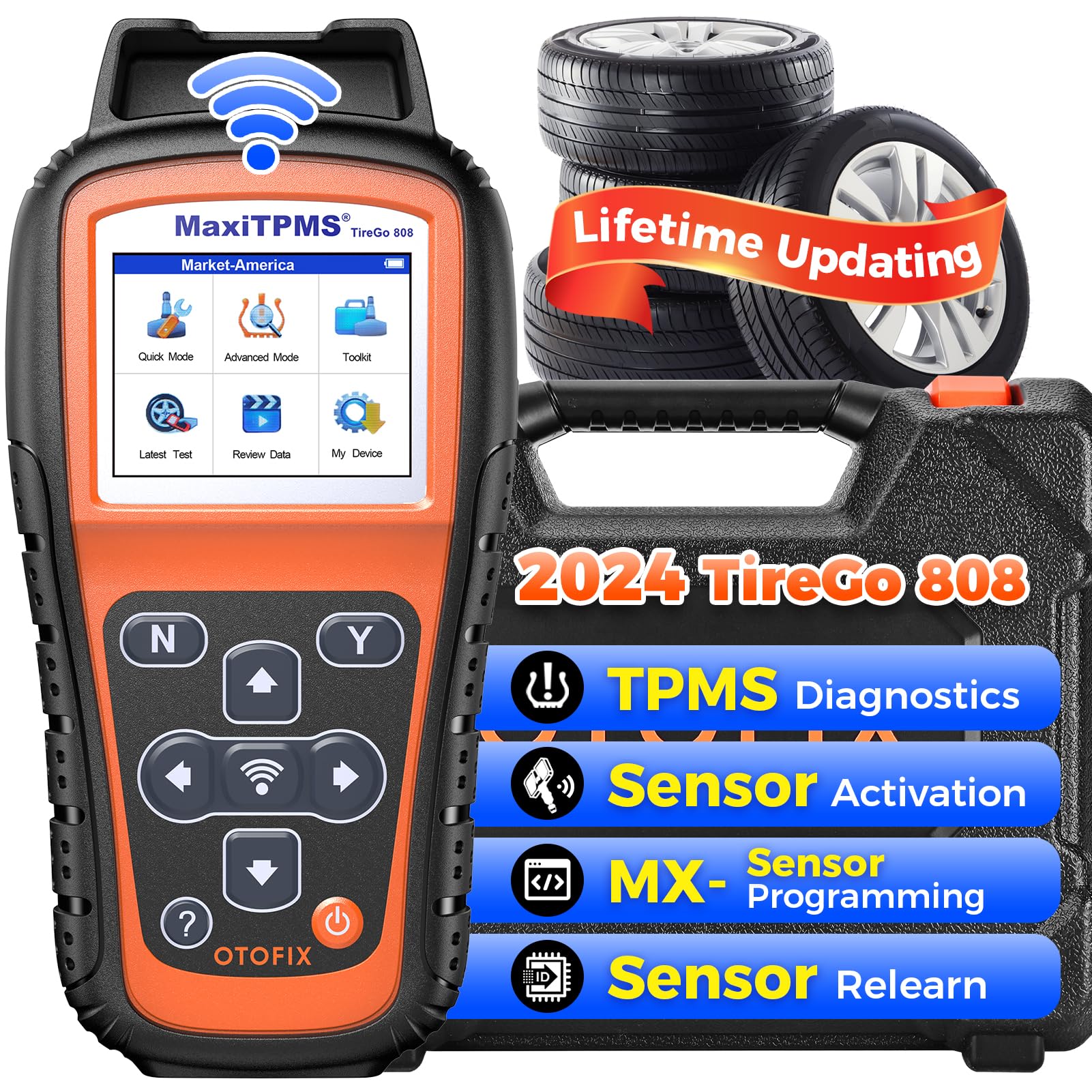 OTOFIX TireGO808 TPMS Relearn Tool,2024 Newest WiFi TPMS Programming Tool, Relearn Activate Diagnostic All TPMS Sensors,Program MX-Sensor(315/433MHz),Lifetime Update