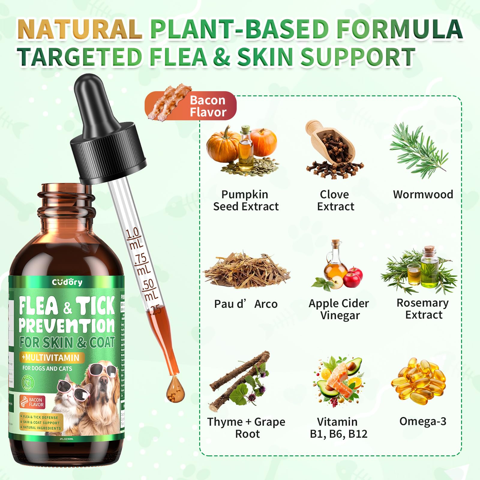 Oral Flea & Tick Prevention for Dogs and Cats, Natural Flea and Tick Defense Drops with Multivitamin for Pets - Supports Healthy Skin & Coat - Flea Herbal Drops All Breeds and Sizes - Bacon Flavor