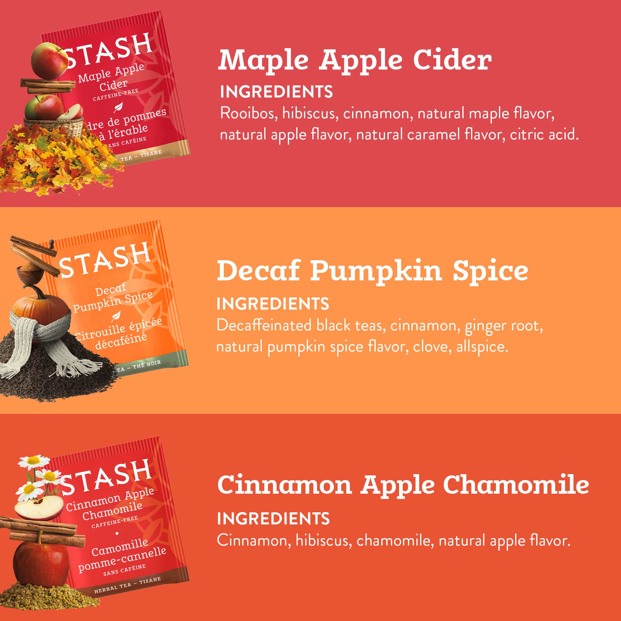 Stash Tea Fall for Autumn 6 Flavor Tea Sampler, 6 Boxes With 20 Tea Bags Each (120 Tea Bags Total)