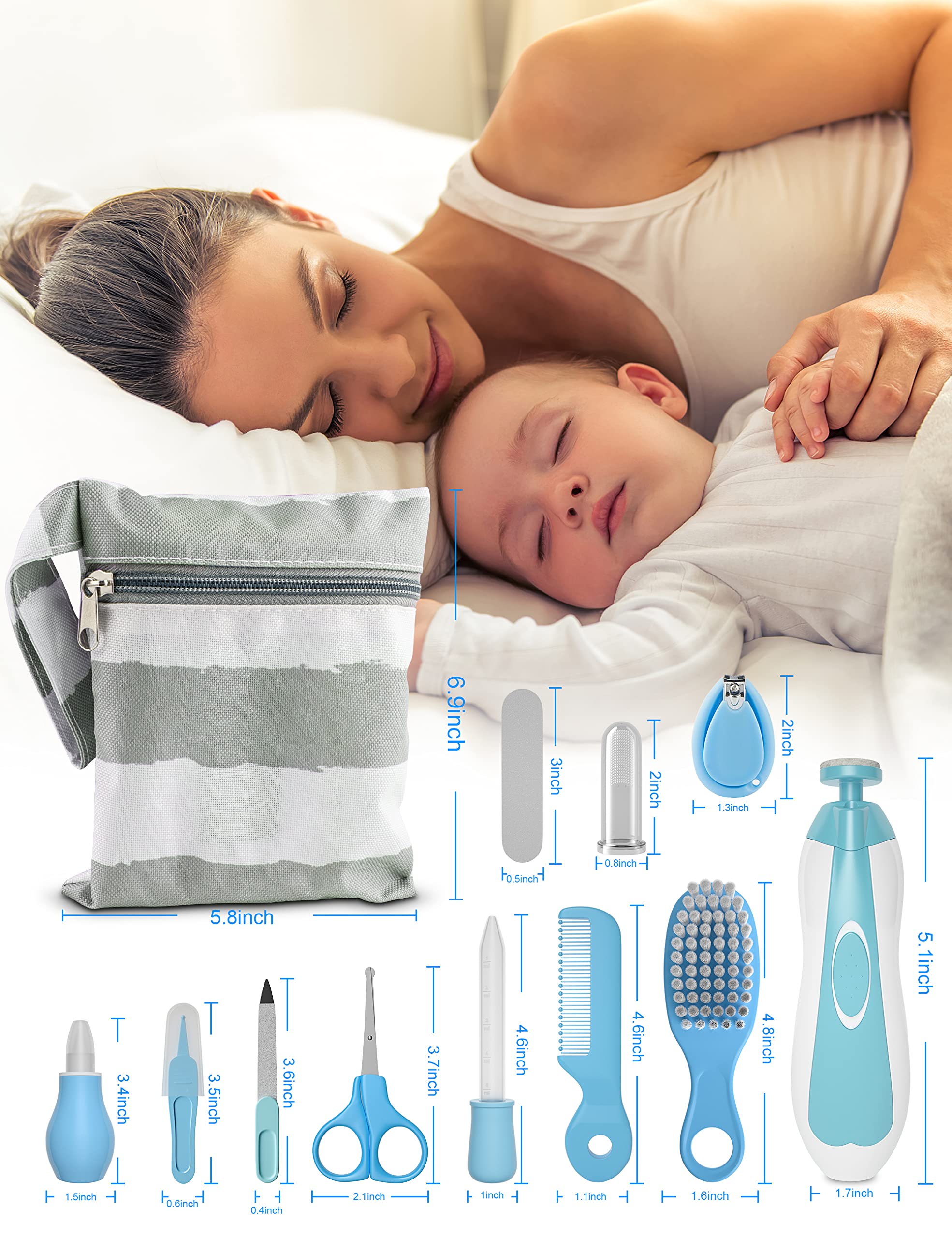 OTTOLIVES Baby Healthcare and Grooming Kit, 24 in 1 Baby Electric Nail Trimmer Set Newborn Nursery Health Care Set for Newborn Infant Toddlers Baby Boys Girls Kids Haircut Tools (0-3 Years+) (Blue)