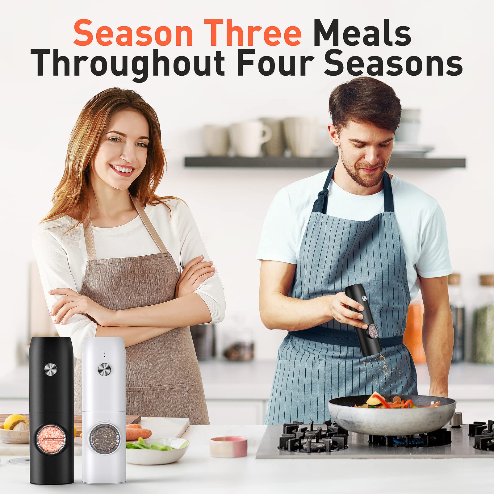 Electric Salt and Pepper Grinder Set, USB Rechargeable Kitchen Gadgets-Automatic Salt and Pepper Mill with Adjustable Coarseness, One-Hand Operation Built-in LED Light, Type-C Charging - 2 Pack