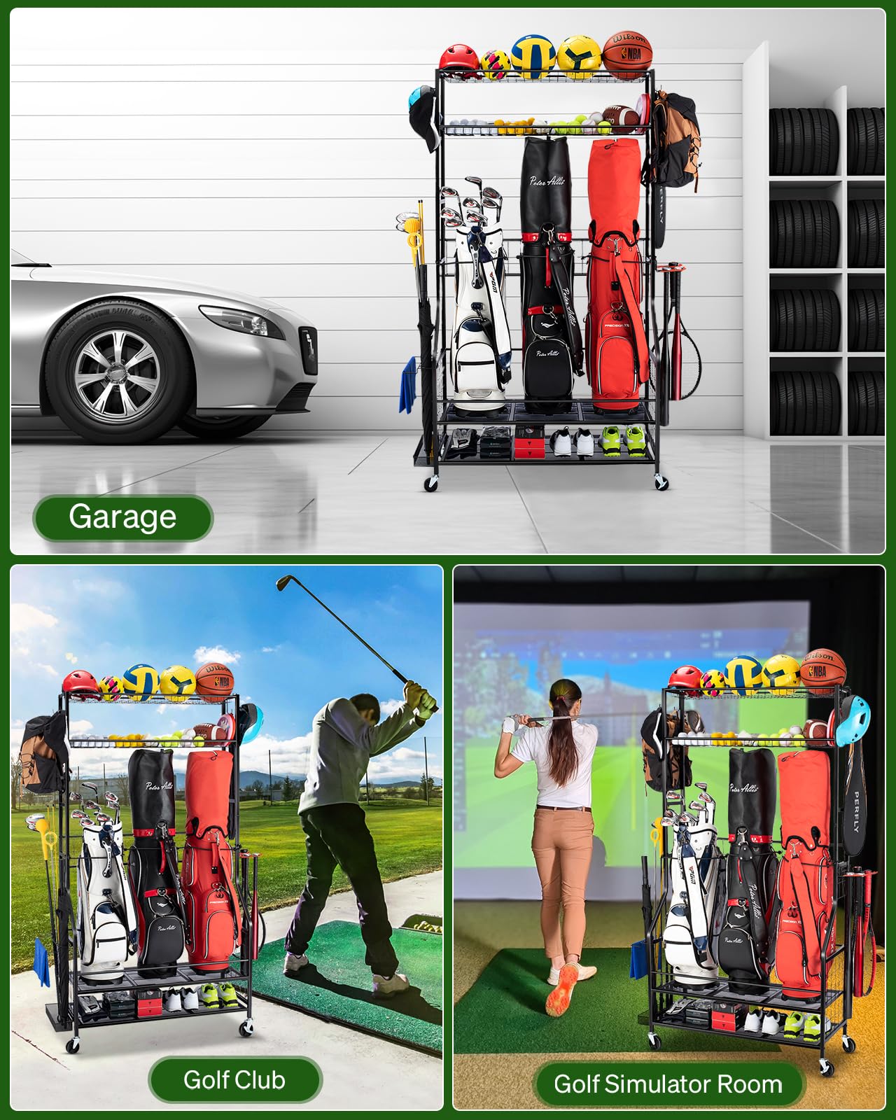 FHXZH Golf Bag Storage Garage Organizer, 3 Golf Bag Stand and Sports Equipment Storage Rack for Garage with Wheels, 4 Hooks, Golf Accessories Storage Rack with Extra Golf Clubs Display Rack