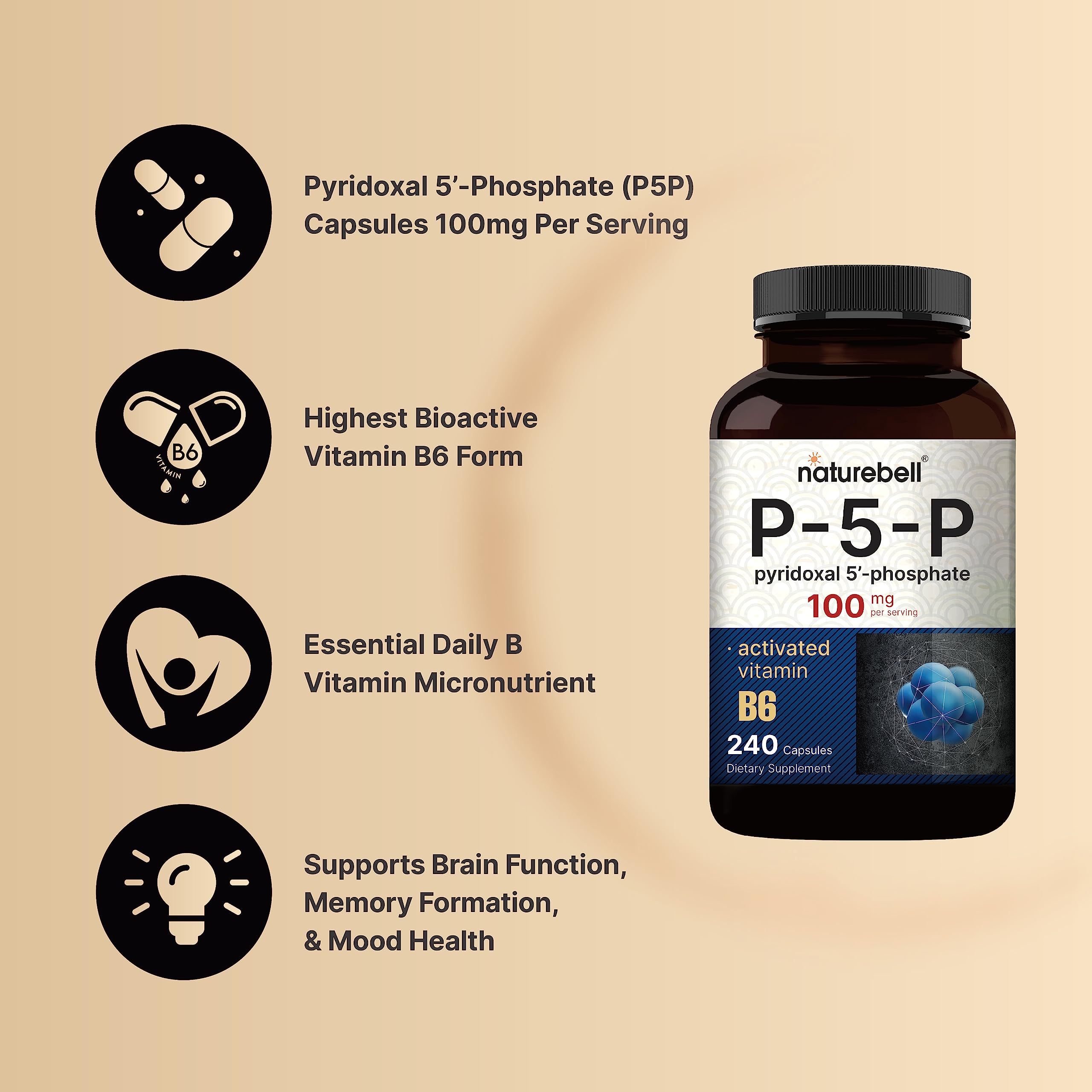 NatureBell P5P Vitamin B6 100mg Per Serving, 240 Capsules | Activated Pyridoxal 5 Phosphate Supplements – Essential B Vitamins for Brain & Memory Health – Non-GMO