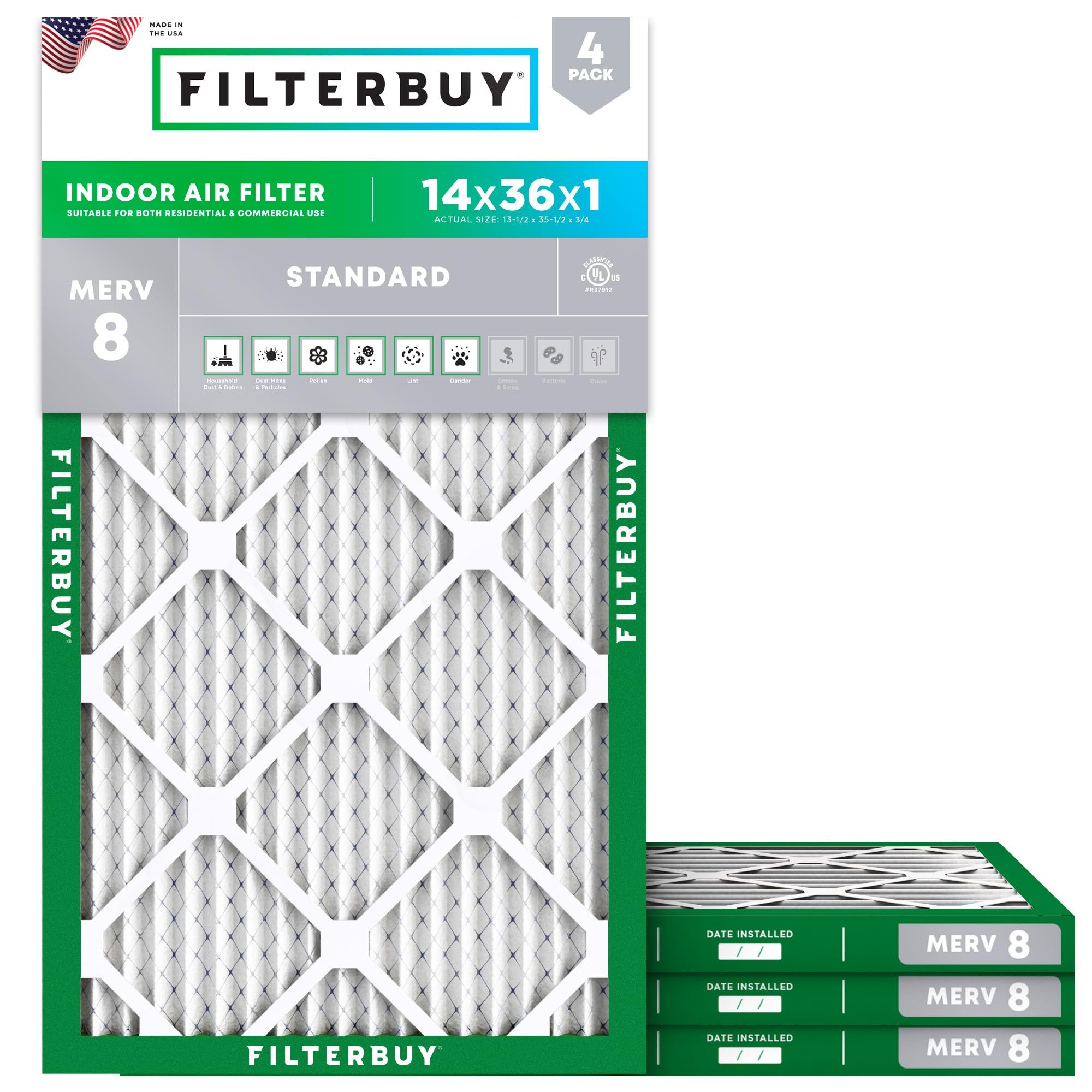 Filterbuy 14x36x1 Air Filter MERV 8 Dust Defense (4-Pack), Pleated HVAC AC Furnace Air Filters Replacement (Actual Size: 13.50 x 35.50 x 0.75 Inches)