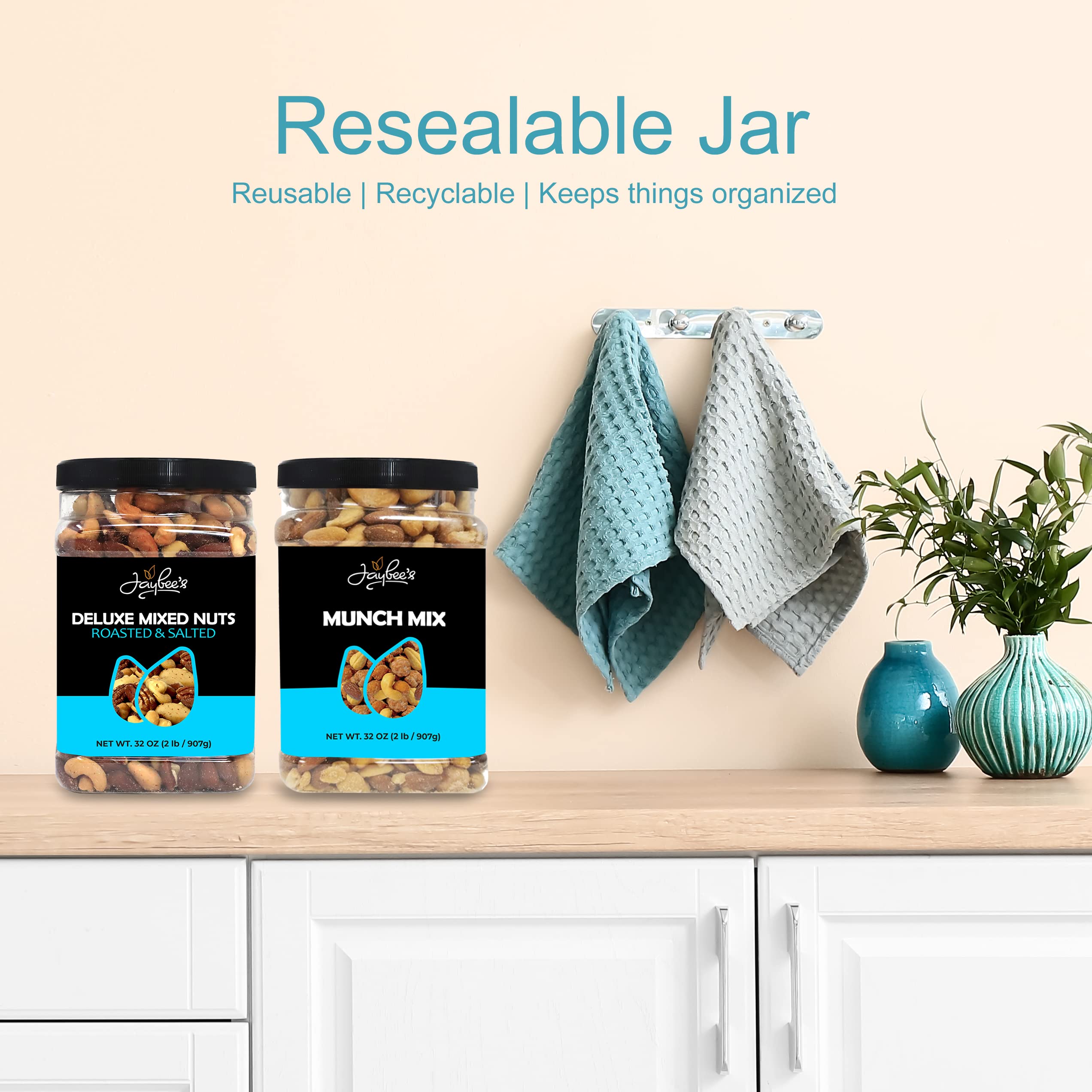 Mixed Nuts Deluxe - Roasted & Salted | 32 oz Reusable Container | Healthy Gourmet Variety Snack Mix with Cashews, Almonds, Brazil Nuts, Pecans, Hazelnuts (No Peanuts) Holiday Gifts | Keto, Vegan Friendly, Healthy Nut Mix | Jaybee's