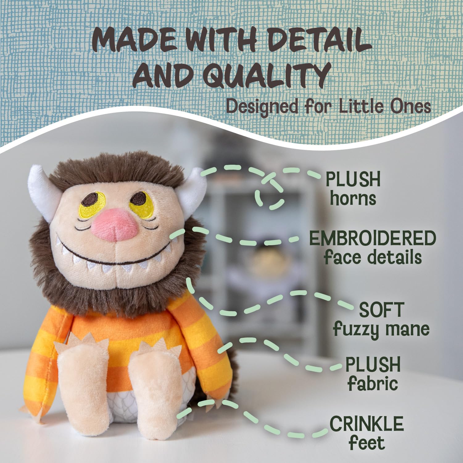 KIDS PREFERRED Where The Wild Things are Plush 9 Inch Moishe Monster Stuffed Animal with Crinkle Feet and Bean Filled Bottom