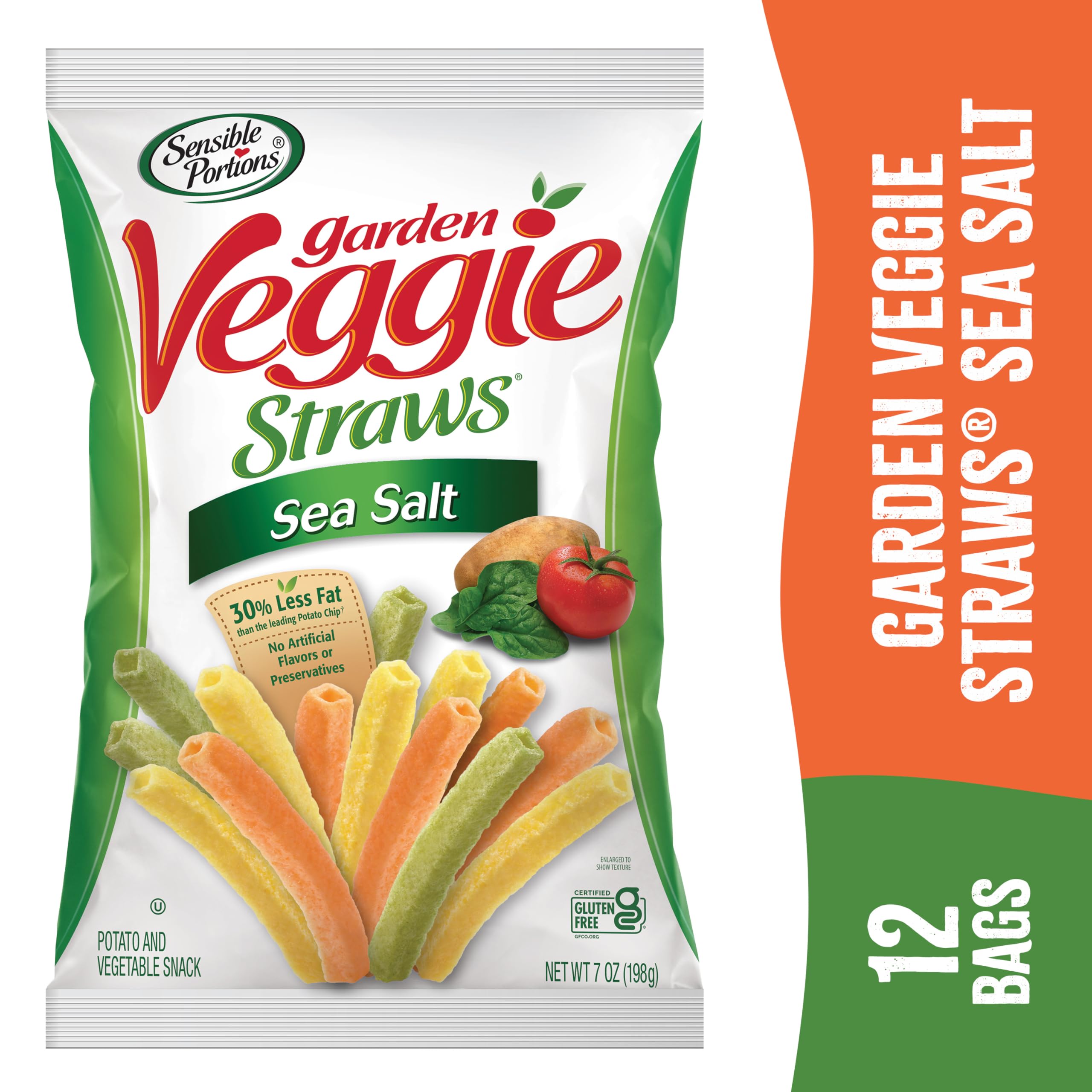 Sensible Portions Veggie Straws, Sea Salt Flavor, Gluten-Free Chips, 7 Ounce Bag, 12-Pack