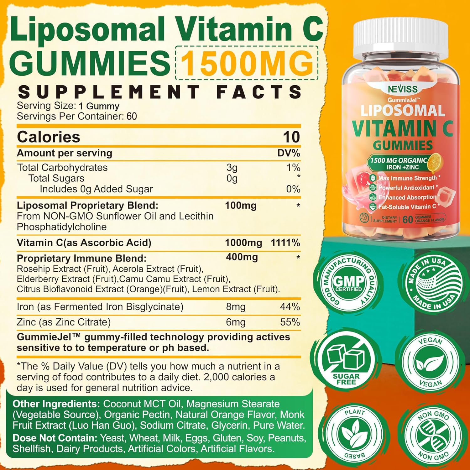 Liposomal Vitamin C 1000mg Gummies for Adults - Vitamin C Chewable 1500mg with 8mg Iron, Zinc & Elderberry - Immune Support, Immune Booster Supplement - for Energy, Collagen Booster, 1Pack Sugar Free