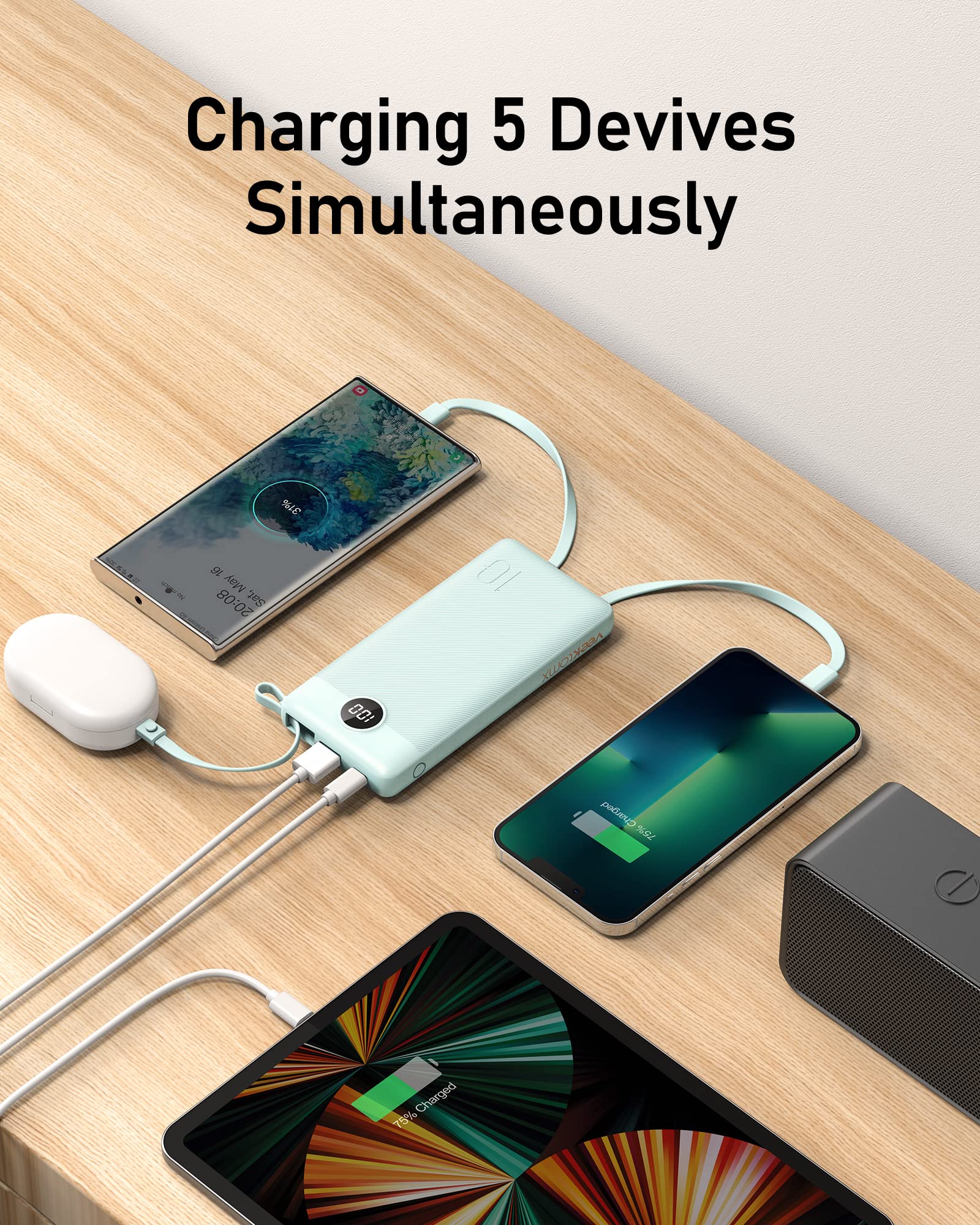 VEEKTOMX Portable Charger with Built-in Cables - 10000mAh Power Bank for iPhone - Slim Fast Charge USB C Battery Pack - Small Travel Essentials Powerbank, Compatible with iPhone, Samsung, Android, etc