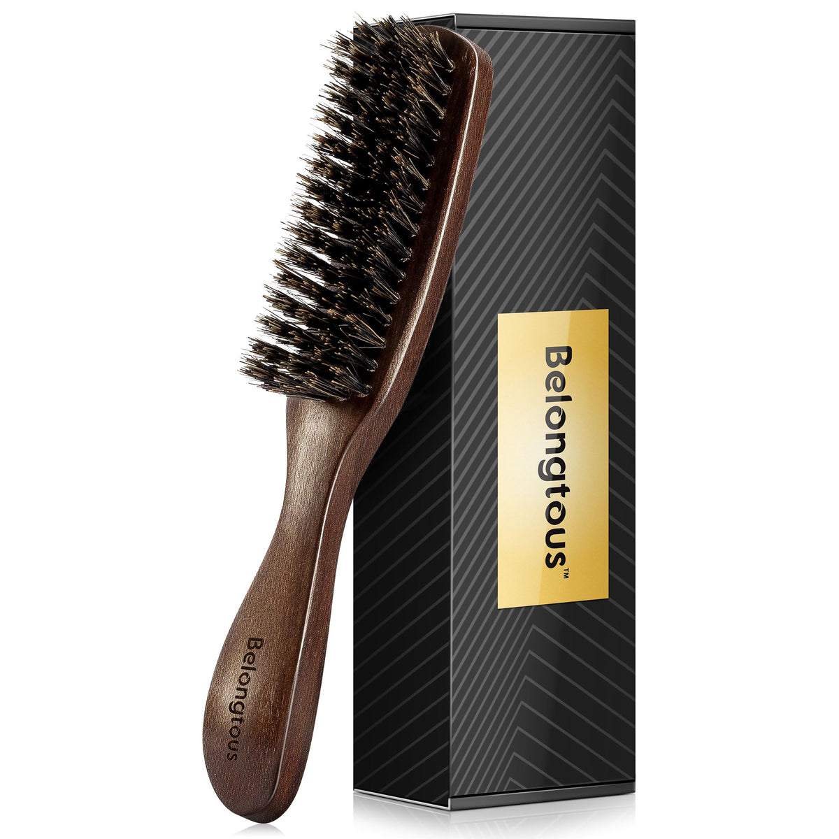 100% Wild Boar Bristle Hair Brush for Men, Stiff Bristles for Thick Hair, Ergonomically Designed Walnut Handle, Ideal for Detangling, Smoothing, Wave Styles - Belongtous