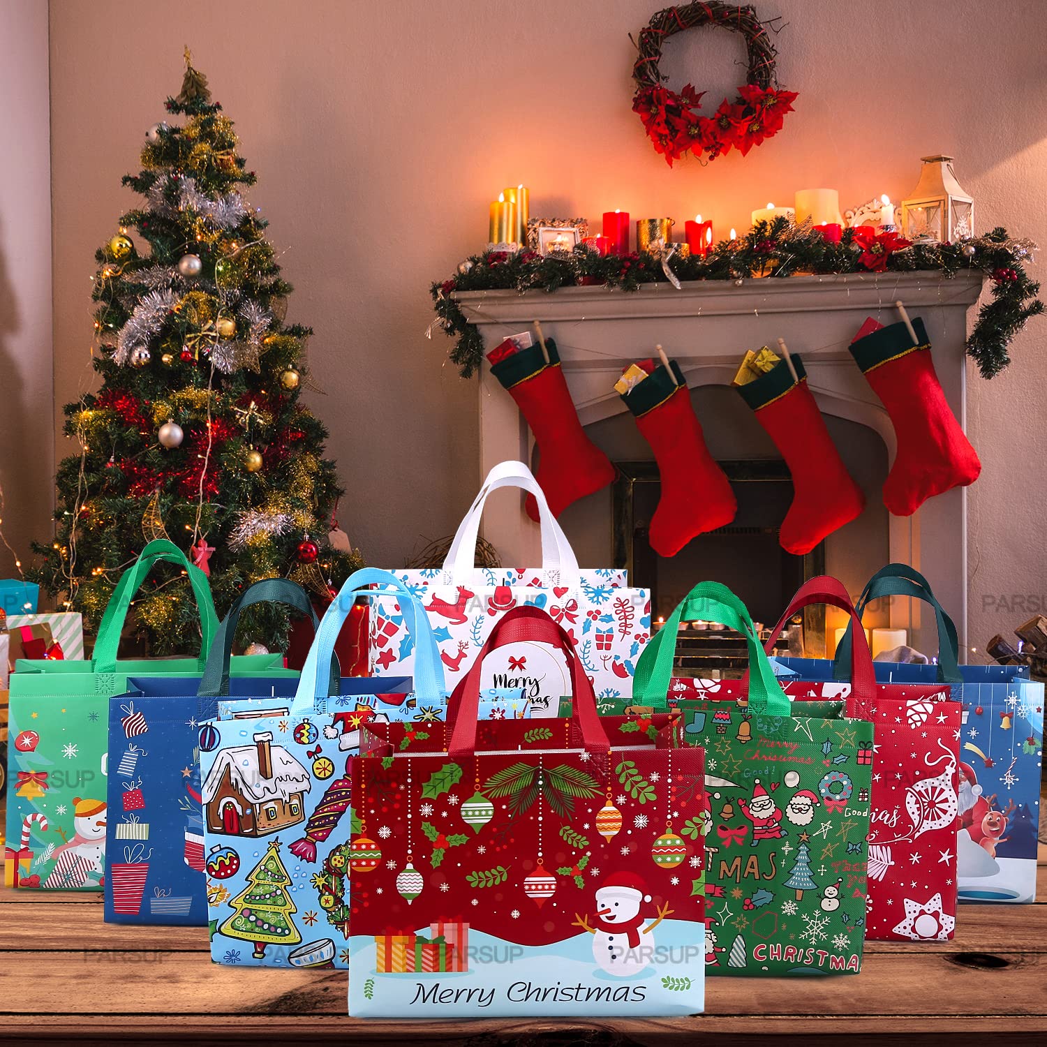 PARSUP 8PCS Christmas Gift Bags, Tote Bags with Handles, Treat Bags, Multifunctional Non-Woven Bags for Gifts Wrapping Shopping, Xmas Party Supplies, 12.8"×9.8"×6.7"