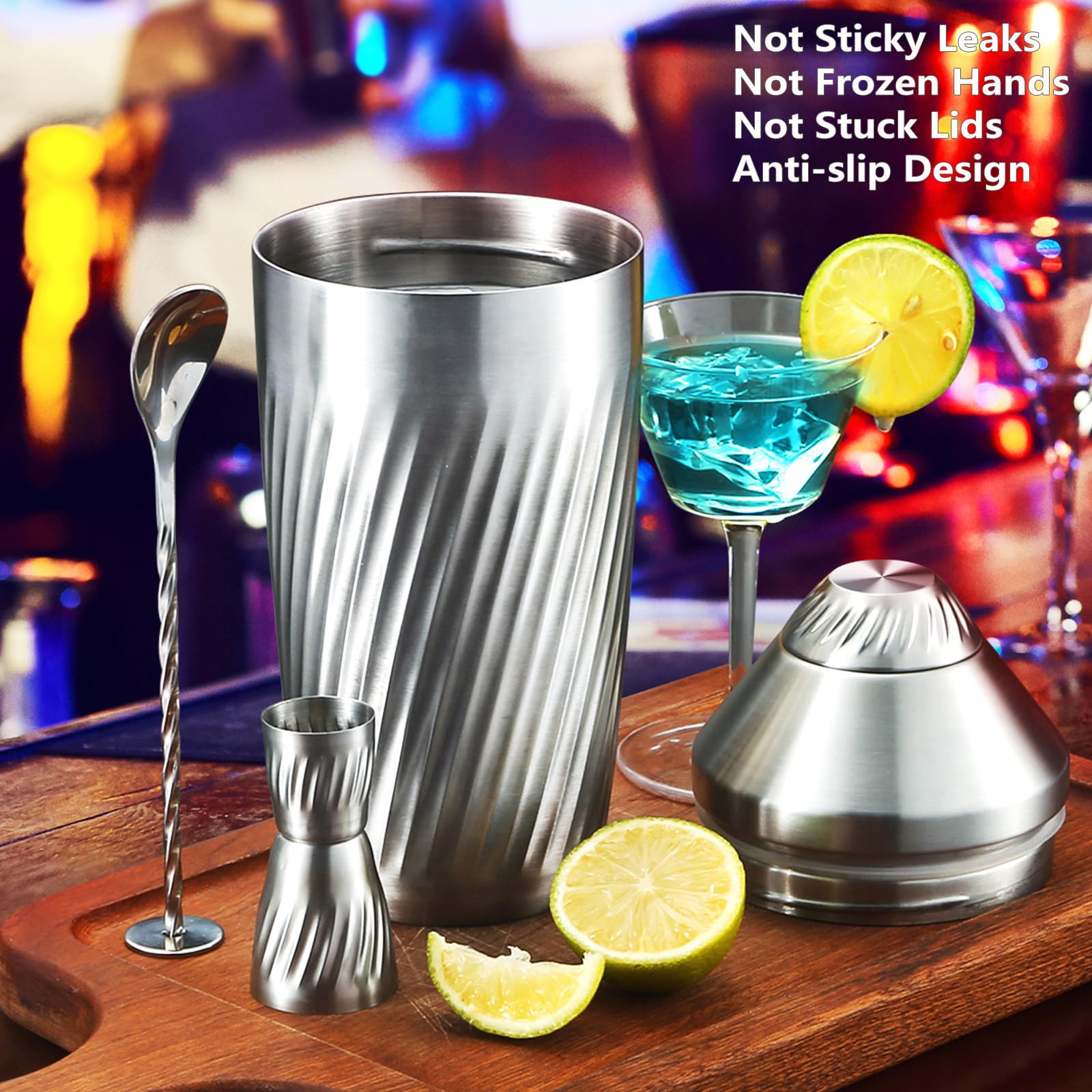 Cocktail Shaker Bar Set - Innovative Premium Vacuum Insulated Stainless Steel Drink Shaker Double Wall Margarita Mixer Jigger & Mixing Spoon Set - Martini Shaker for Home Bartender - 28oz