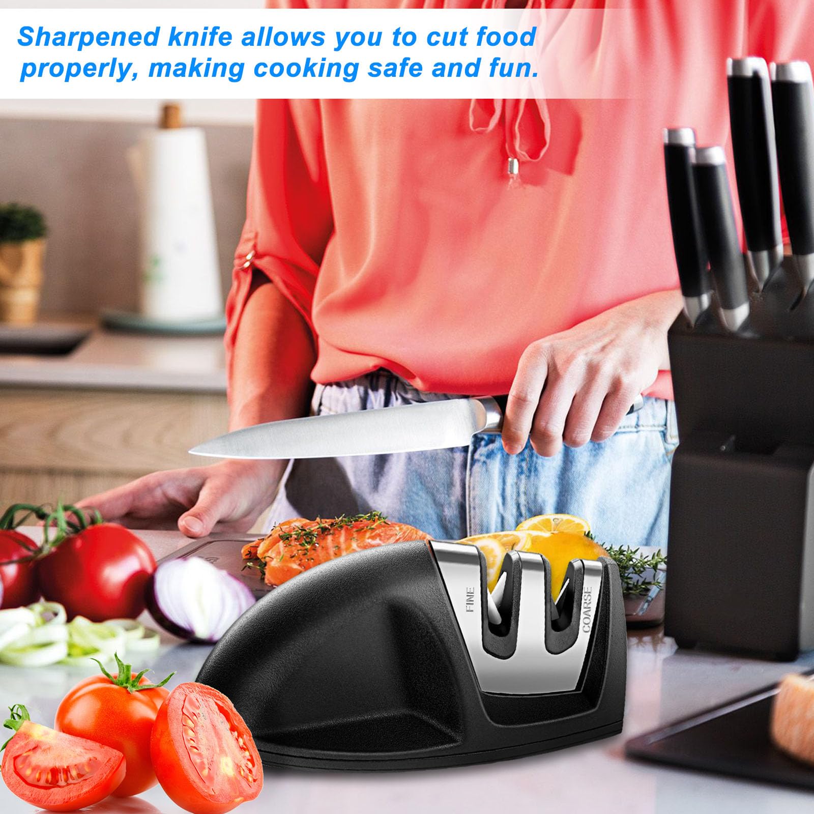 EZYUMM Knife Sharpener, 2-Stage Preset Kitchen Knife Sharpener, Coarse & Fine Slots Knife Sharpeners for Kitchen Knives (Black)