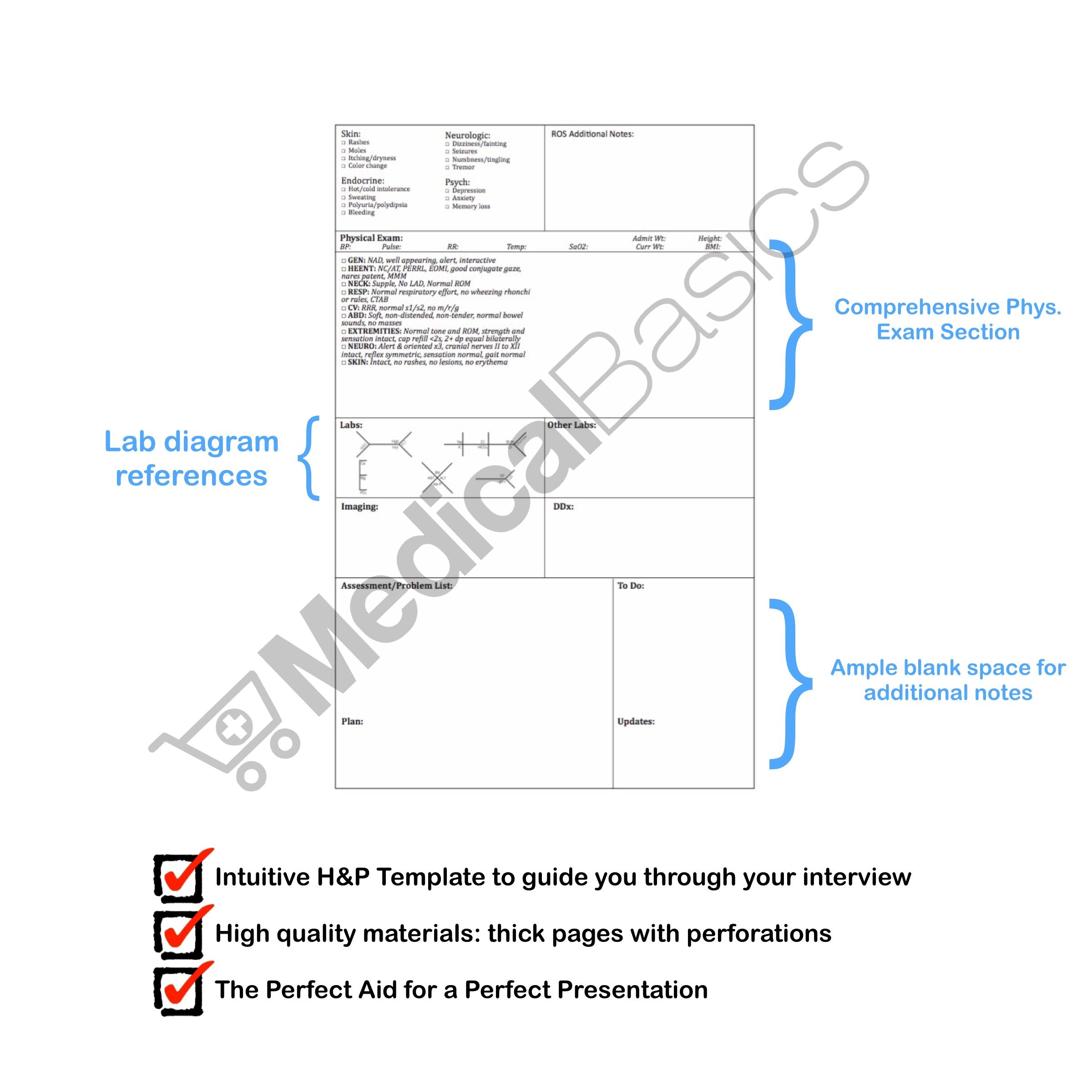 H&P notebook - Medical History and Physical notebook, 100 medical templates with perforations