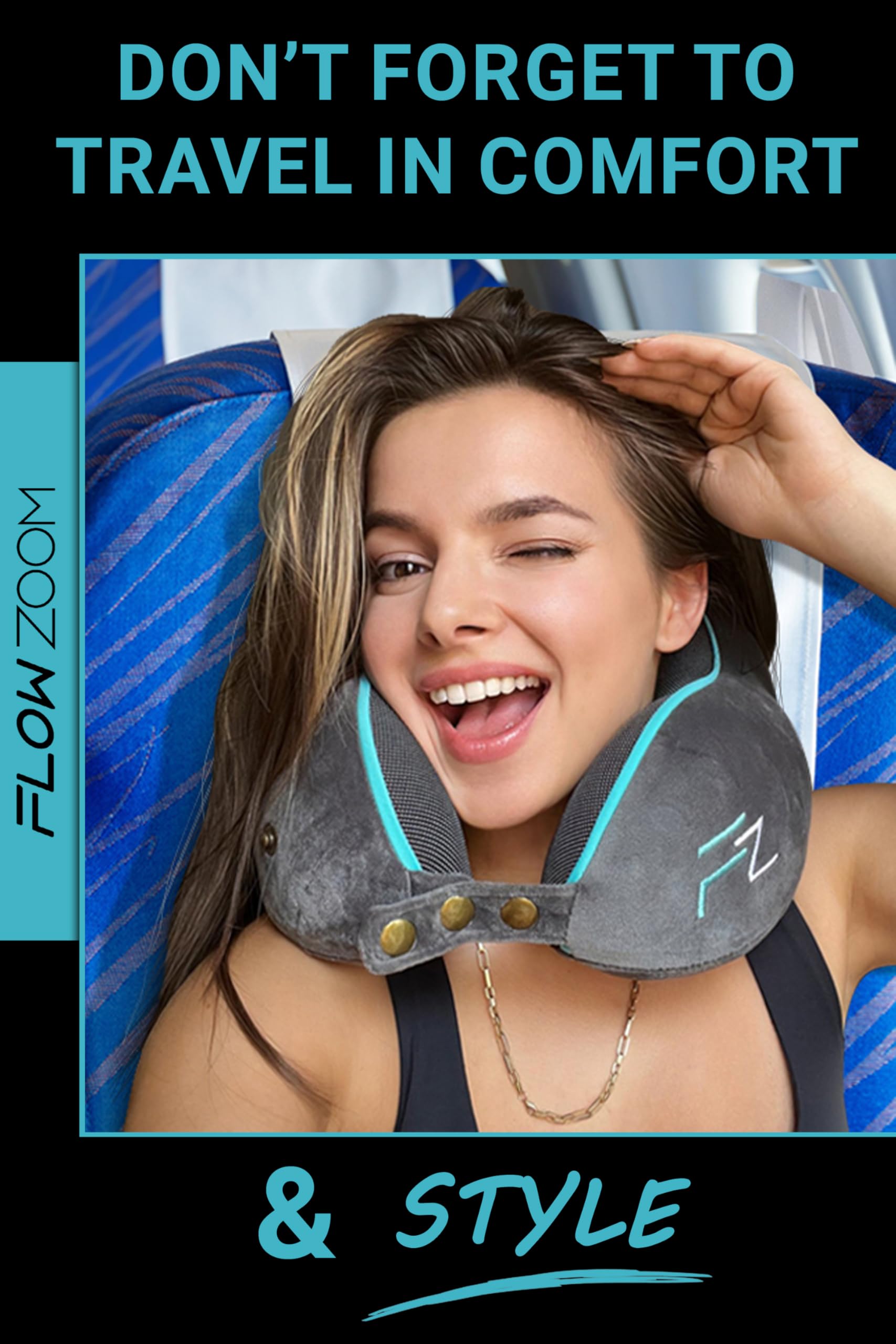 FLOWZOOM Travel Pillow Memory Foam - Airplane Neck Pillow for Long Flight - Travel Pillows for Airplanes - Adjustable Travel Neck Pillow - Flight Pillow - Car & Plane Pillow - Adults, Grey