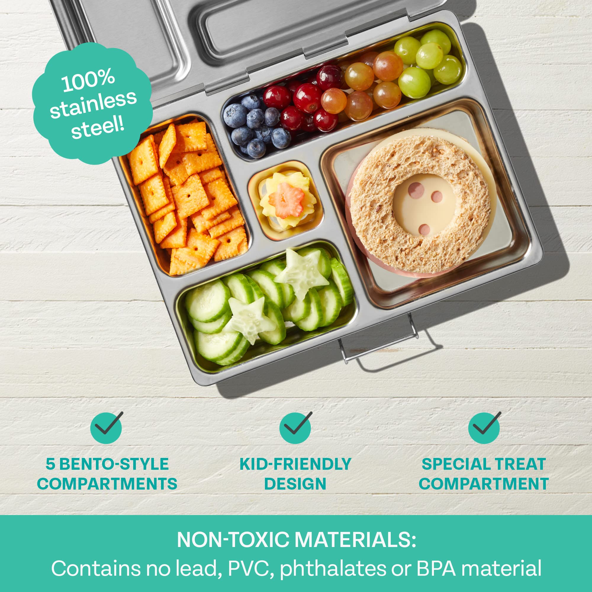 PlanetBox Rover Stainless Steel Bento Box Style Lunch Box Kit for Kids with 5 Compartments, Camo Shark Edition includes Insulated Lunch Bag, Leakproof Food Containers and Matching Magnets
