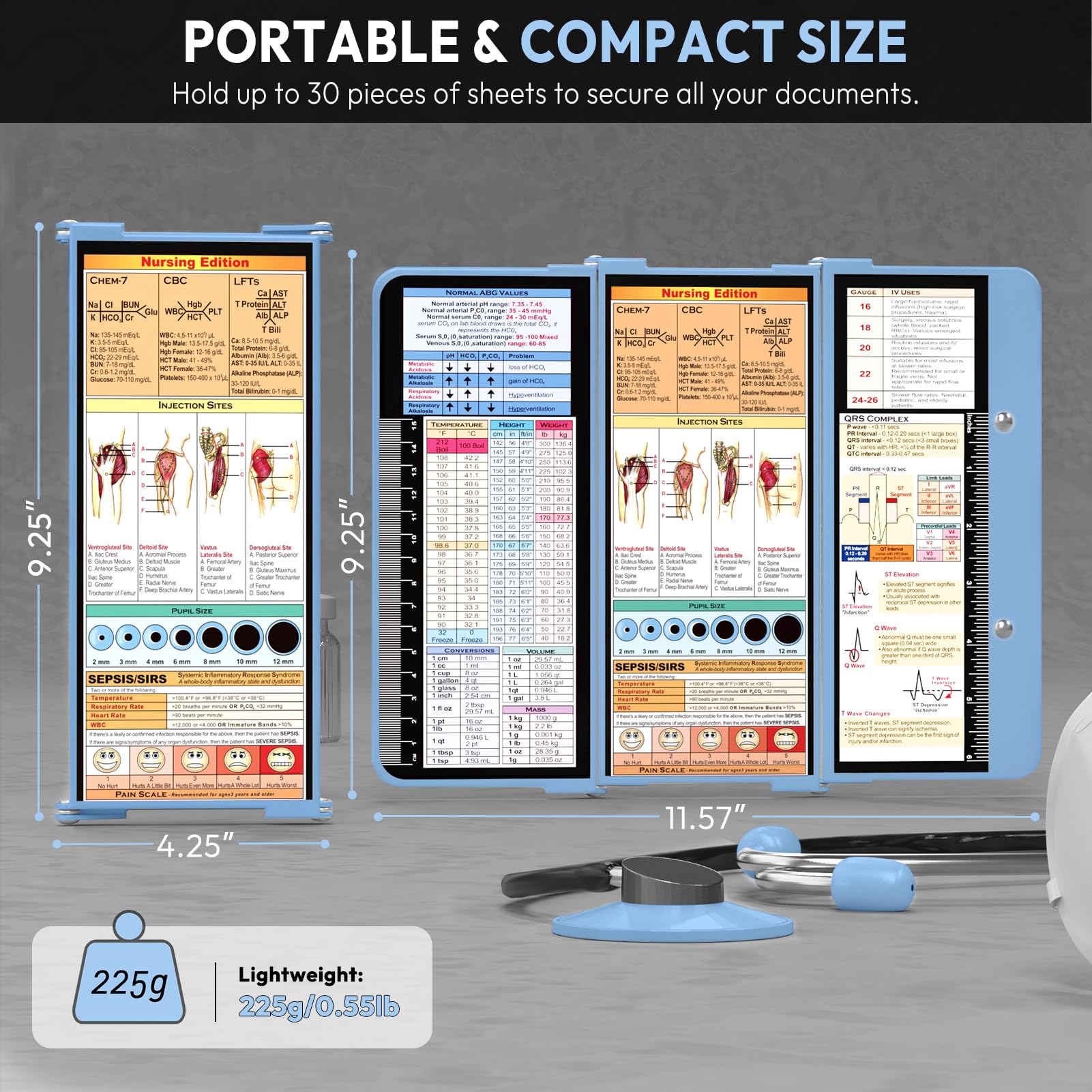 Nursing Clipboard Foldable, Foldable Clipboard w/Nursing Edition Cheat Charts,3 Layers Aluminum, Nurse Clipboard w/Low Profile Clip&Pen Clip Pocket Clipboard for Nurses and Doctors,Light Blue