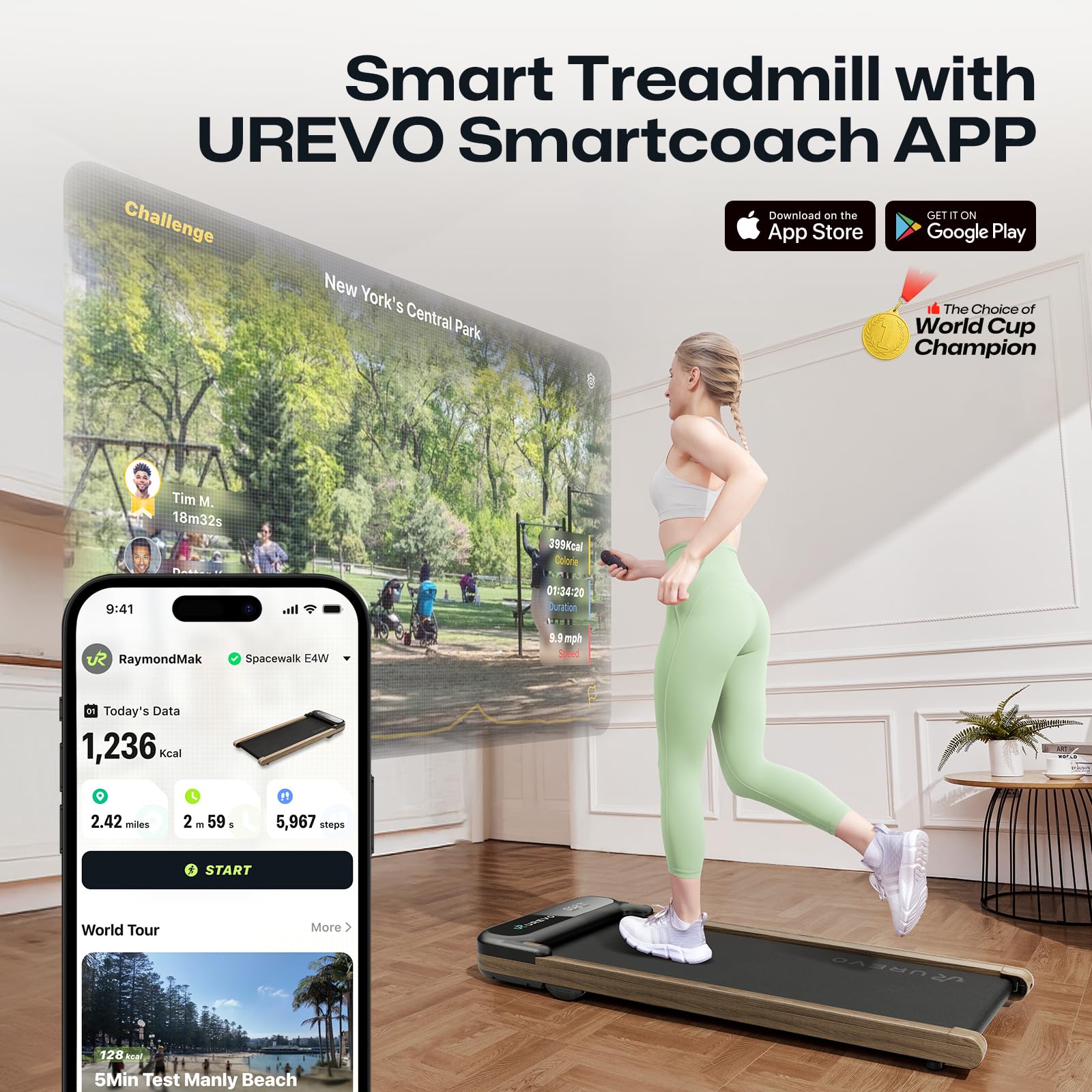 UREVO E4W Walking Pad, Wooden Treadmill Underdesk, Double Shock Absorption, Wood Grain Design, Workout APP with Track Insights, MIIT Mode, Plug and Play, Remote Control