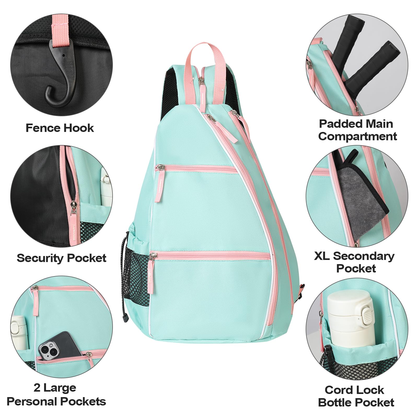 ALOOF Pickleball Bag for Women, Adjustable Pickleball, Racketball Sling Bag, Backpack With Water Bottle Holder for Women, Green & Pink