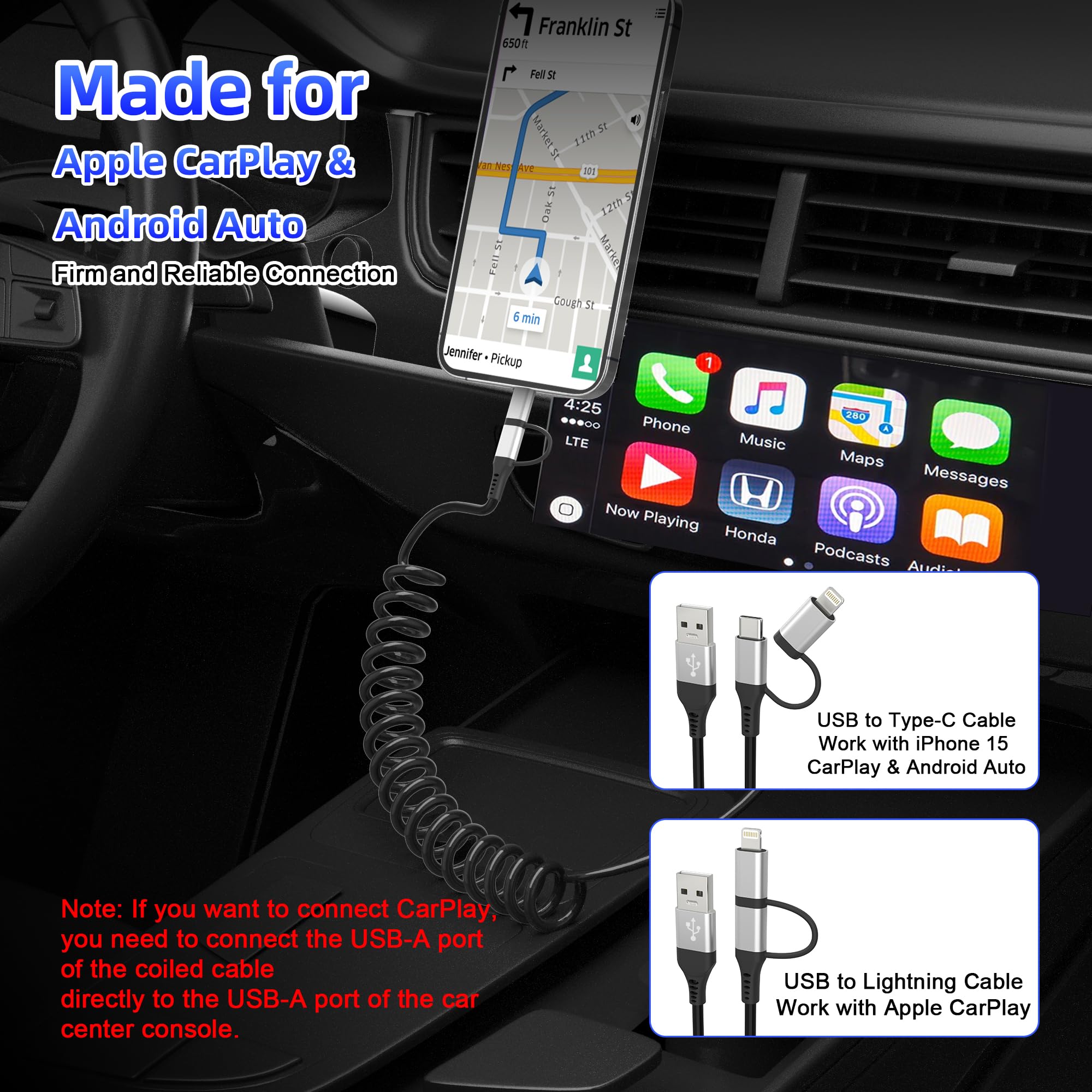 USB to USB-C and Lightning Cable 2 in 1 Coiled Cable Aple Carplay & Android Auto Compatible [MFi & 3A Fast Charge & Data Sync] Coiled Lightning and USB C Cable for iPhone 16/15/14/13/Android, Silver