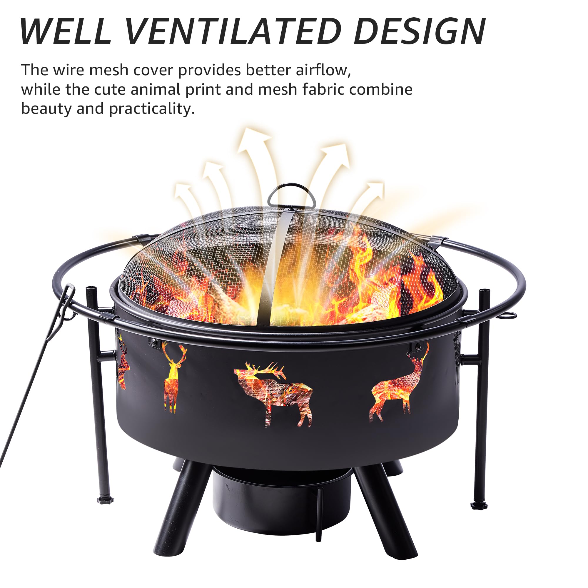 NATURAL EXPRESSIONS 32 Inch Large Fire Pit with 2 Grills, Outdoor Wood Burning Fire Pit with Cooking Grate, Lid, Poker and Round Waterproof Cover for Patio, Ourside, Bonfires, Picnic, Party.