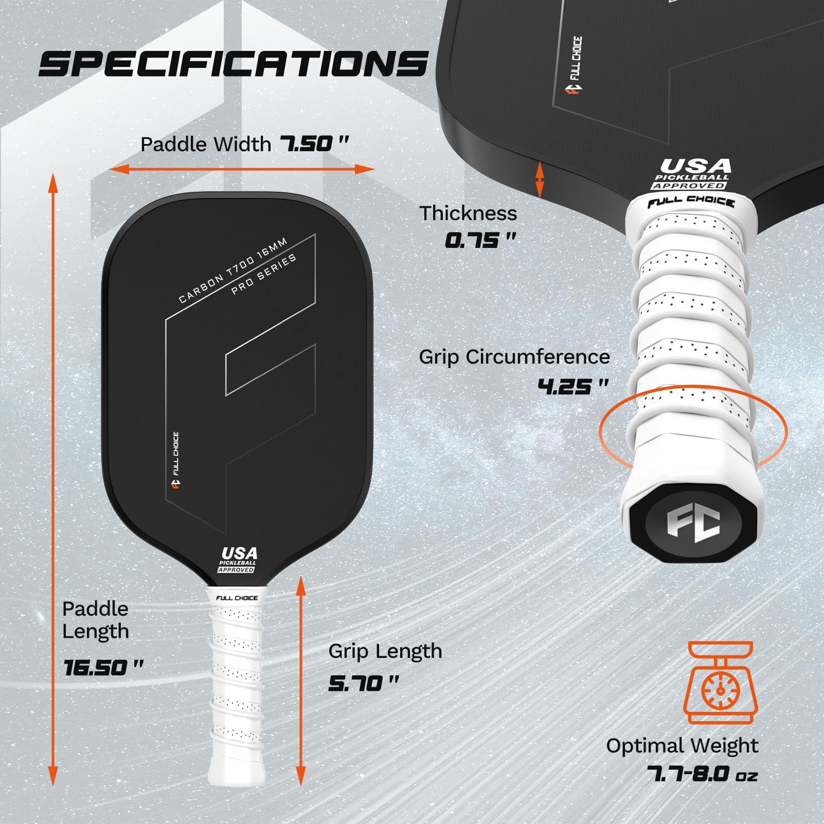 FULL CHOICE Pickleball Paddle, Long Handle Raw Carbon Fiber Surface (CFS) with 16mm Honeycomb Core, Great Control and Spin, USAPA Approved, Comes with Paddle Cover and Grip Wrap Tapes