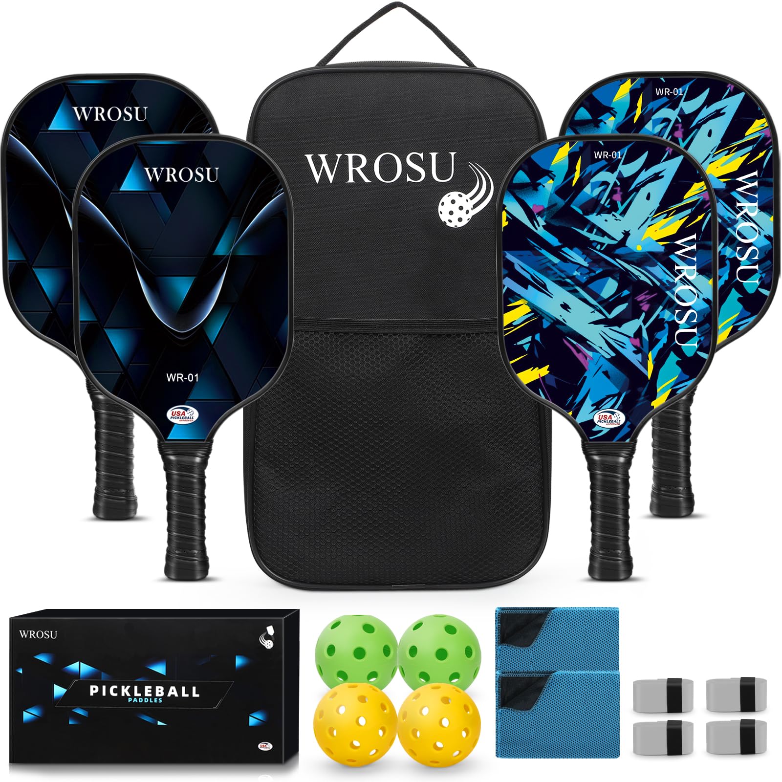 WROSU Pickleball Paddles Set of 4 Carbon Fiber | 2024 USAPA Approved Equipment w/Accessories | Core Carbon Fiber Pickleball Racquet Set | Have Traction and Stability | Set for Friends