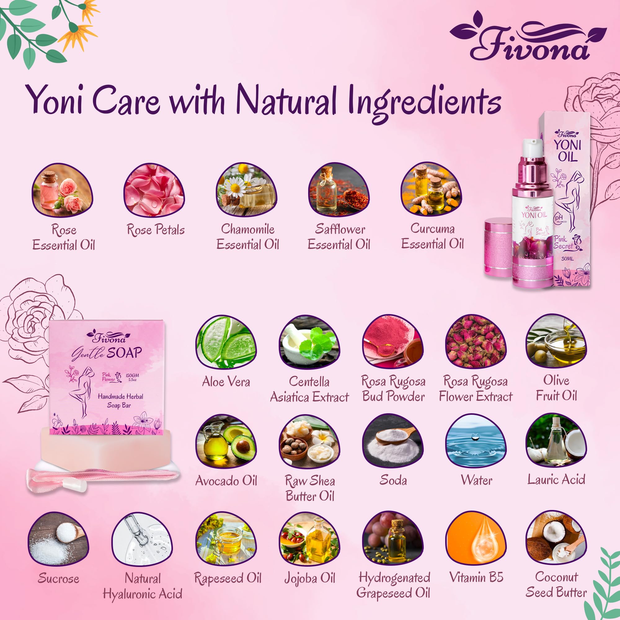 FIVONA 2 in 1 Set of Yoni Oil with Yoni Soap Bar - Feminine pH Balanced Natural Vaginal Oil 30 ml with Organic Herbal Soap 5.3 oz - Wash and Hygiene Care Bundle for Women