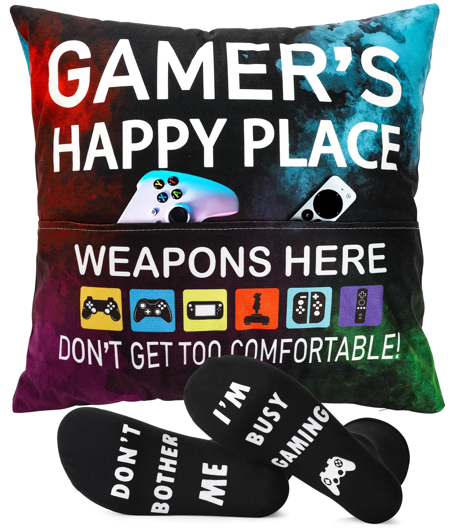 OCCdesign Gamer Gifts for Teenage Boys Men, Gaming Room Decoration, Gamer Pillow Cover and Game Socks Gifts Set, Christmas Stocking Stuffers for Teens Boys Girls Men Father Boyfriends 18" x 18"