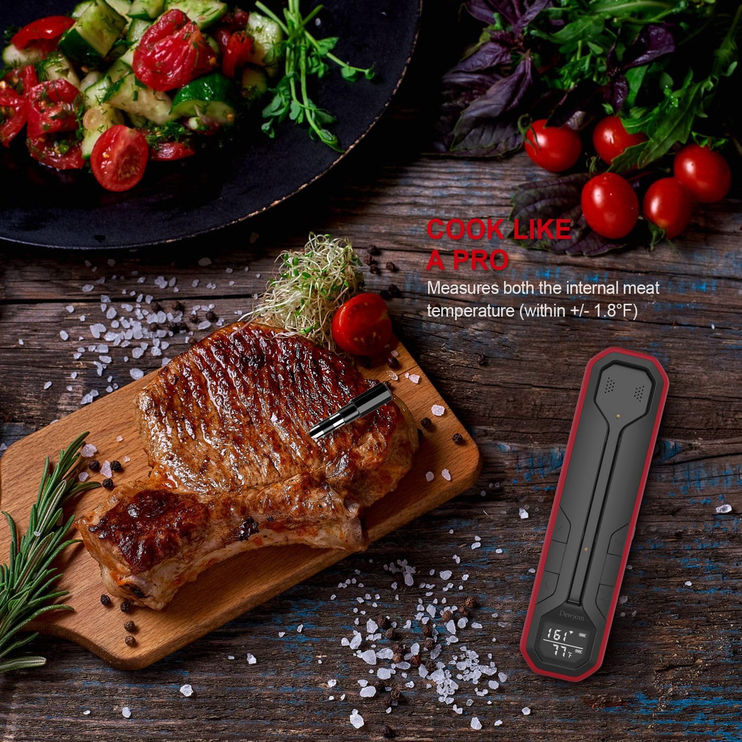 Wireless Meat Thermometer – Digital Cooking Thermometer with Wireless Probe – 500Ft Remote Range Food Thermometer – with iOS & Android Read App -Preprogrammed Temperatures for BBQ, Oven, Grill