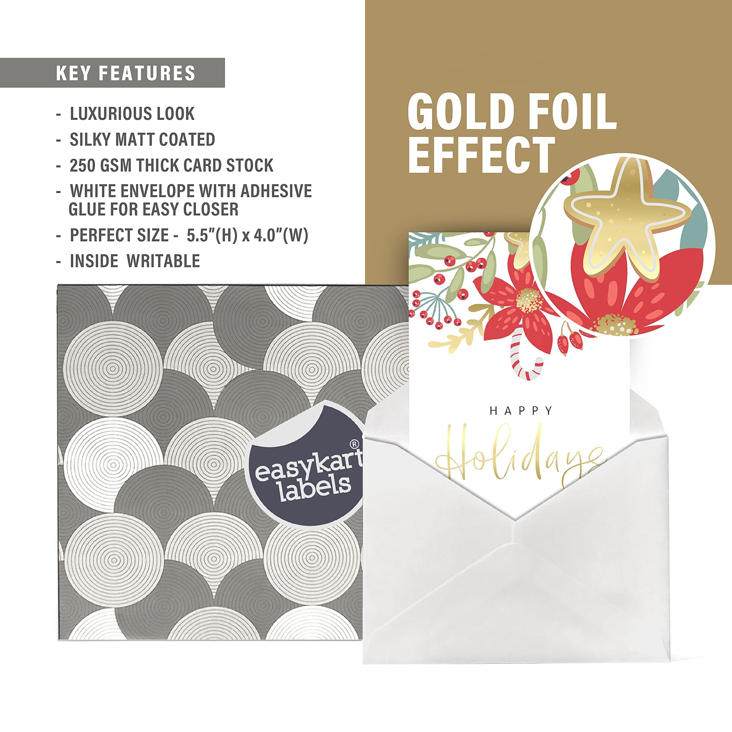 easykart labels 24 Christmas Cards with Envelopes, 6 Assorted Floral Designs With Gold Foil, 5.5 x 4 Inch Size For Friends, Family and loved Ones