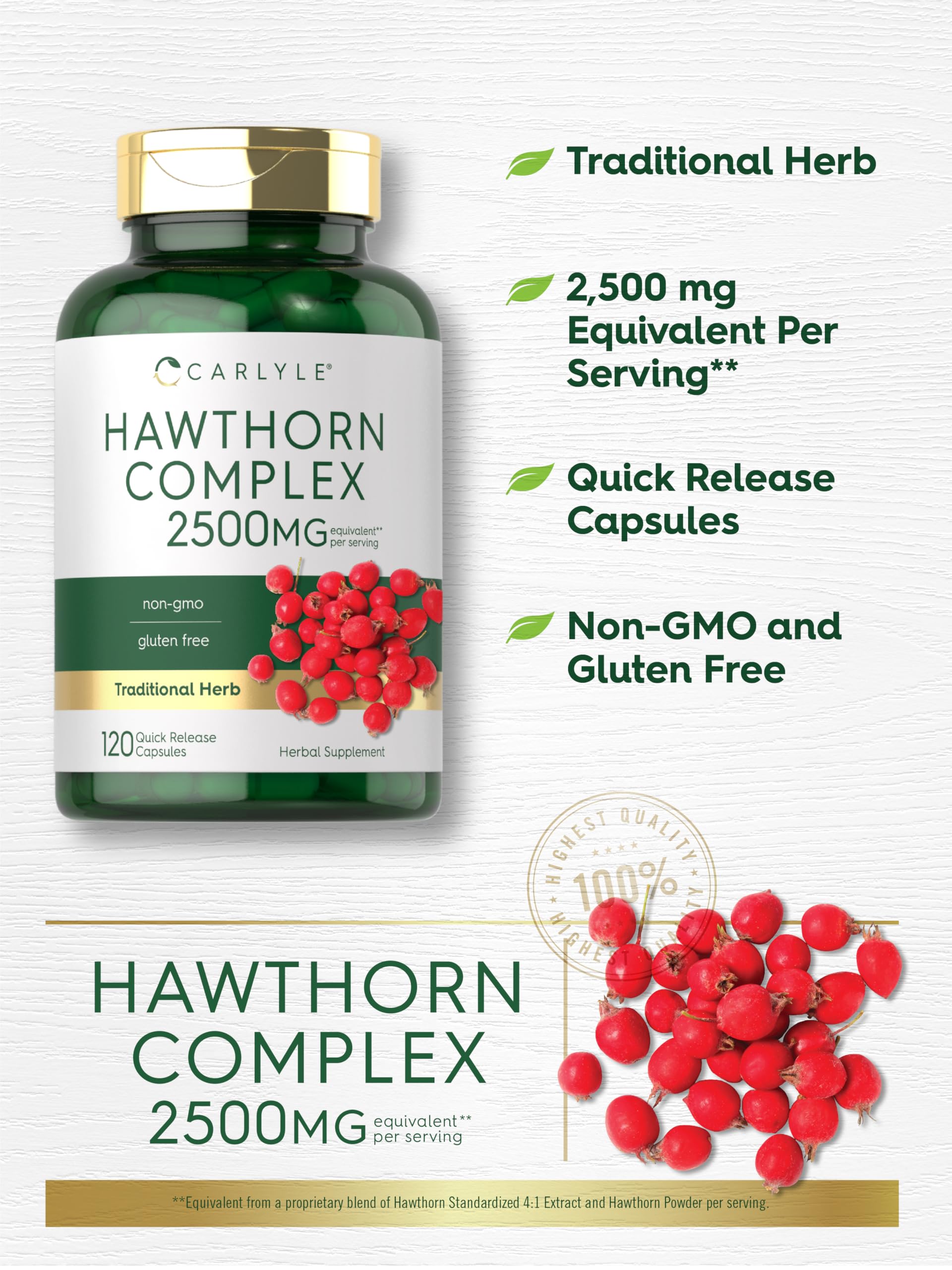 Carlyle Hawthorn Berry Complex 2500mg Capsules | 120 Count | Extract Powder | for Men and Women | Non-GMO & Gluten Free Supplement