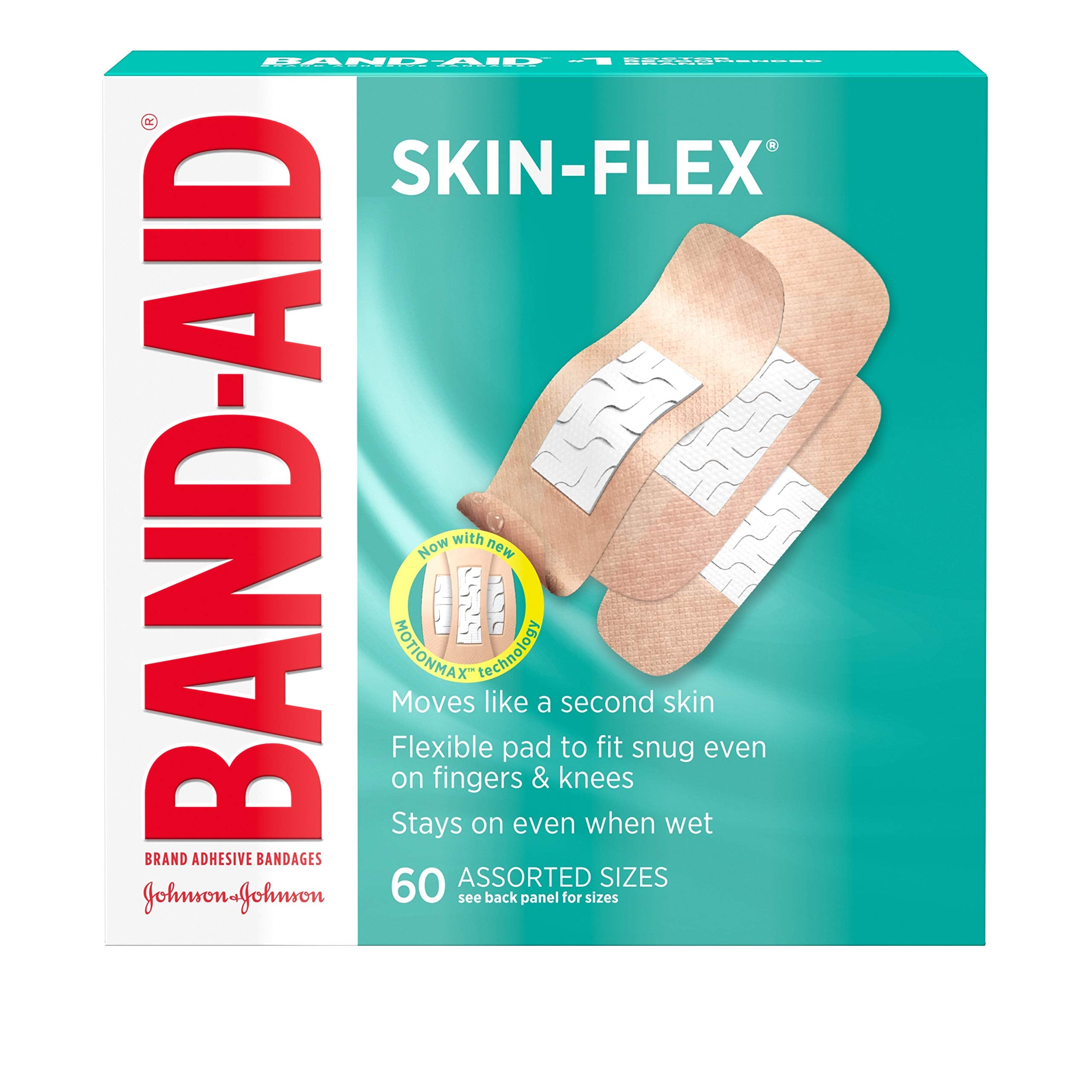 Band-Aid Brand Skin-Flex Adhesive Bandages for First Aid & Wound Care of Minor Cuts, Scrapes & Burns, Flexible Sterile Bandages Great for Fingers, Hands & Knees, Assorted Sizes, 60 ct