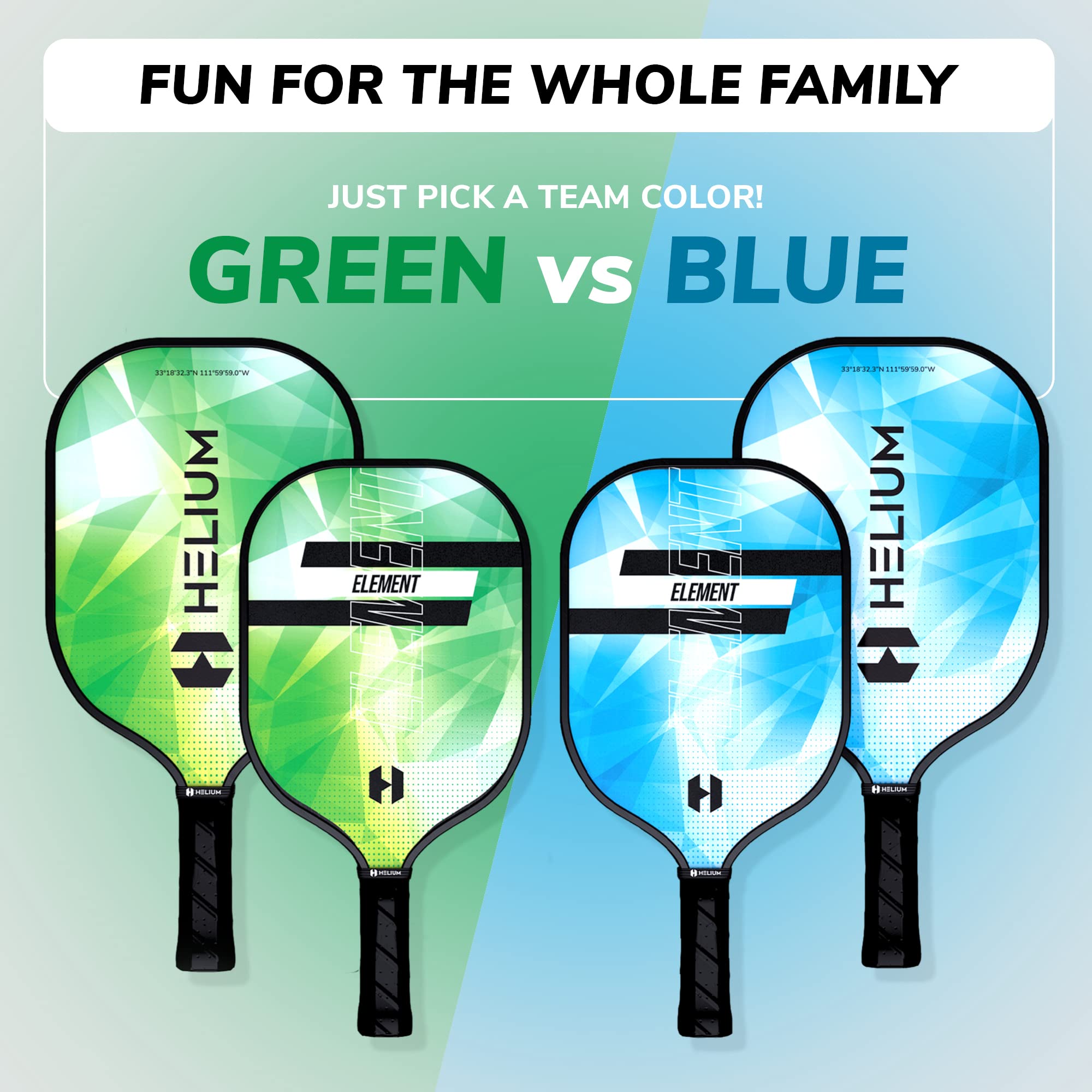 Helium Element Pickleball Family 4-Pack - 2 Child-Size & 2 Adult-Size Paddles, Lightweight Pickleball Set with Honeycomb Core, Graphite Strike Face, 4 Pickleballs & Convenient Drawstring Bag