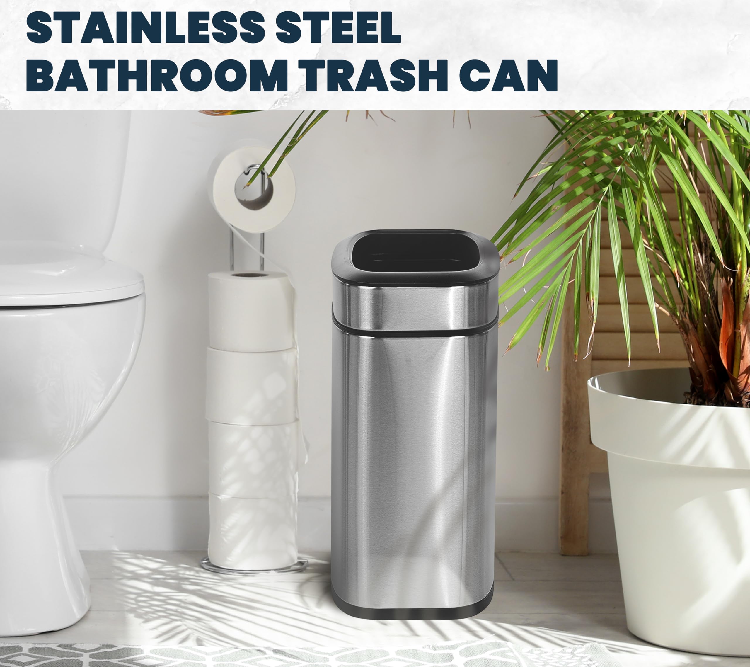 Alpine Stainless Steel Trash Can - Open Top, 20 Liter 5 Gallon Trash Can, Space-Saving Slim Modern Design with Removable Trash Bin, Brushed Stainless Steel Kitchen Trash Can, Silver, 18" x 14" x 9"