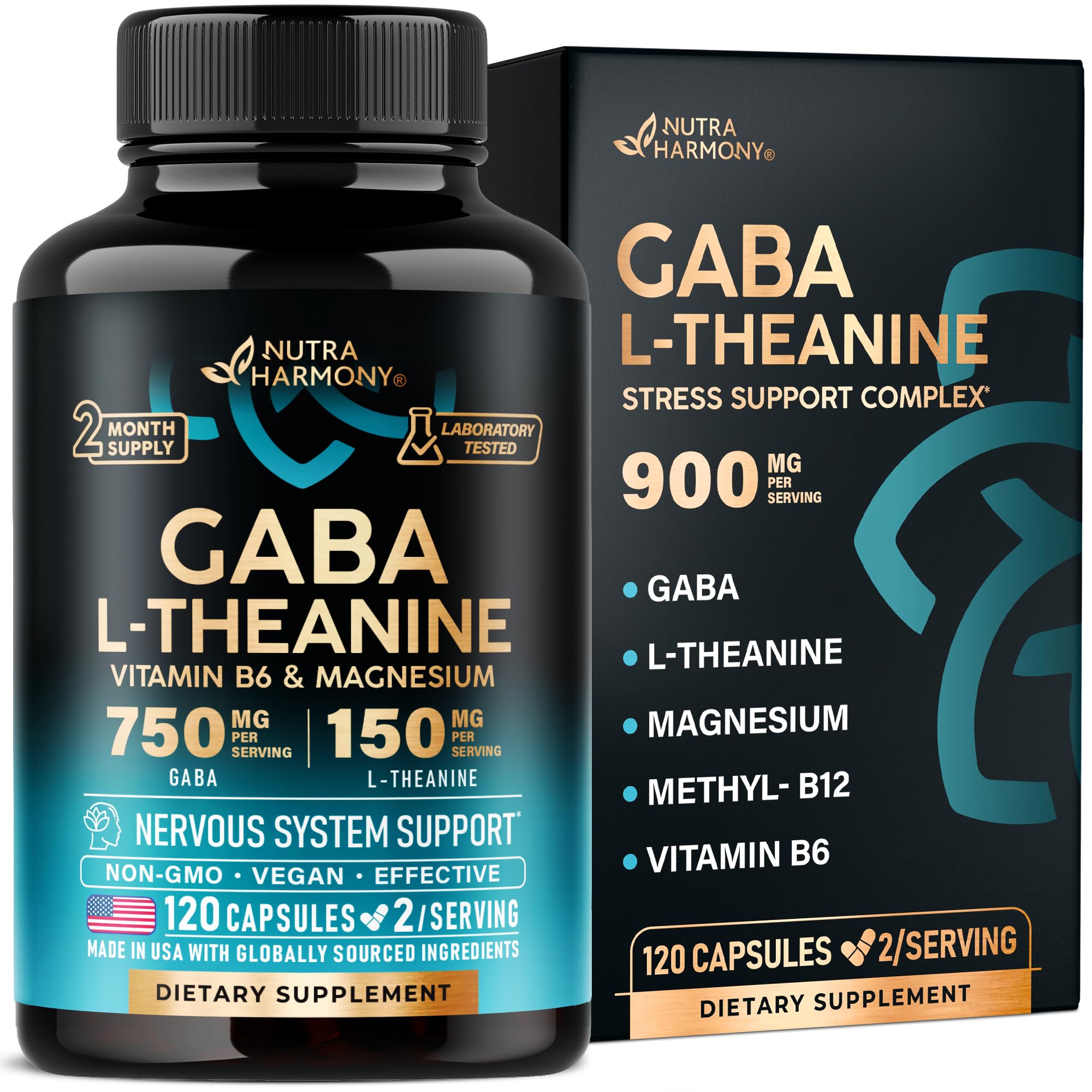 GABA L-Theanine 900 mg - Made in USA - Magnesium | Vitamin B6 - Calm, Sleep, Relaxation & Mood Support - 750 mg Gamma AminoButyric Acid, 150 mg L-Theanine - Non-Habit Forming, Vegan - 120 Capsules