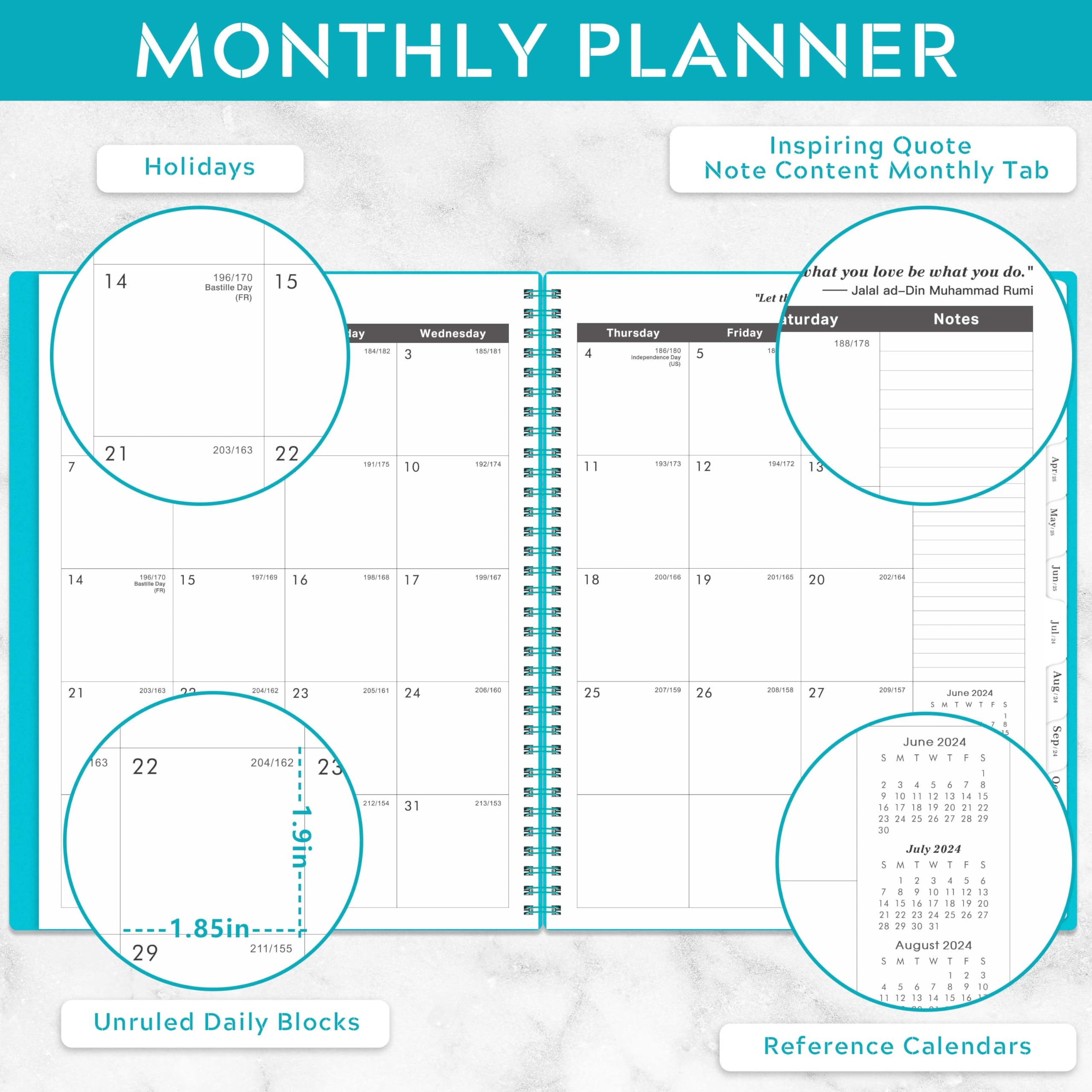 2024-2029 Monthly Planner/Monthly Calendar - 5 Year Monthly Planner, Jul.2024 - Jun.2029, 9" x 11", Double-Side Pocket + Polypropylene Cover - Green