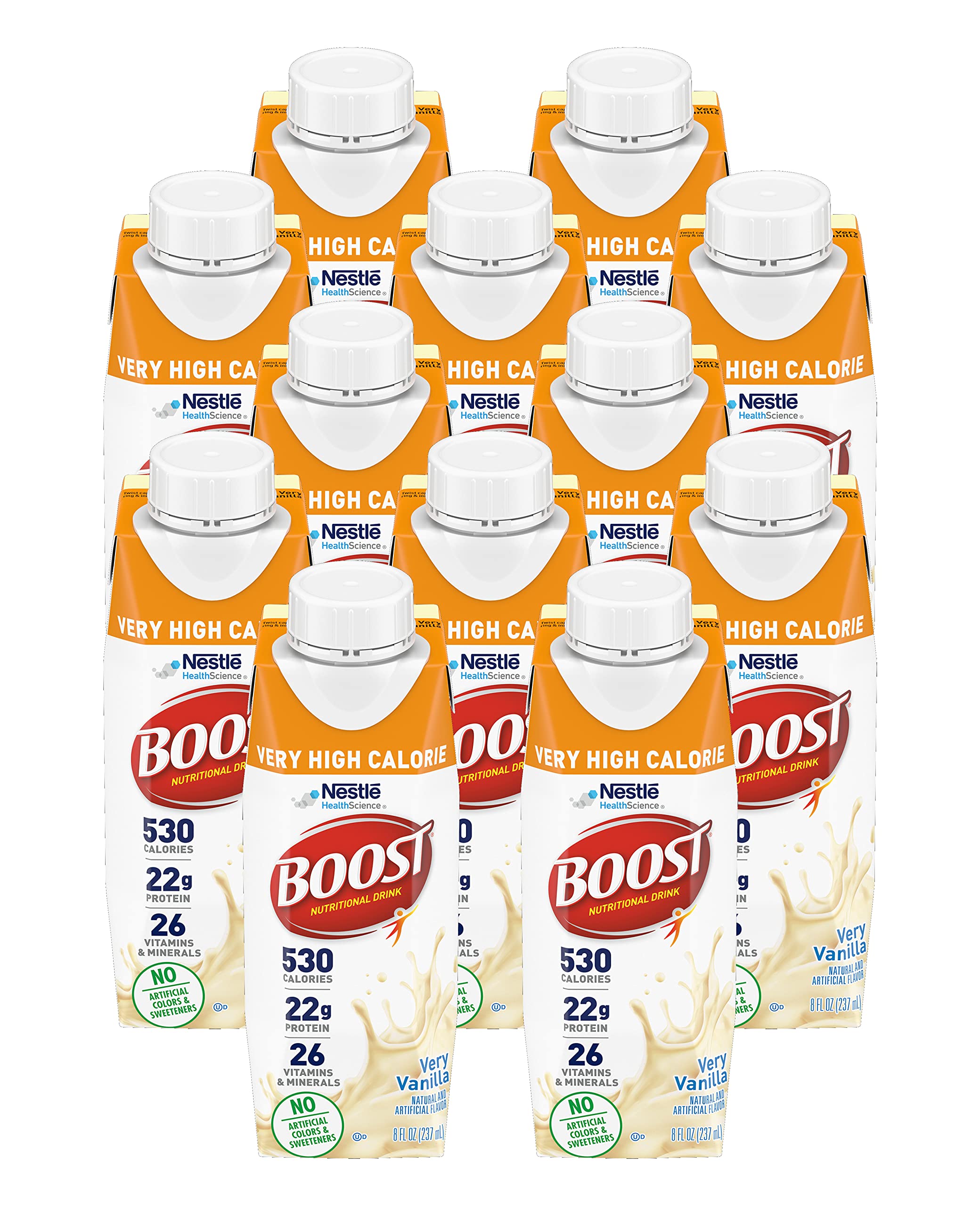 Boost Very High Calorie Nutritional Drink Very Vanilla, Made with Natural Vanilla Flavor & No Artificial Flavors, Colors & Sweeteners, 8 FL OZ (Pack of 12)