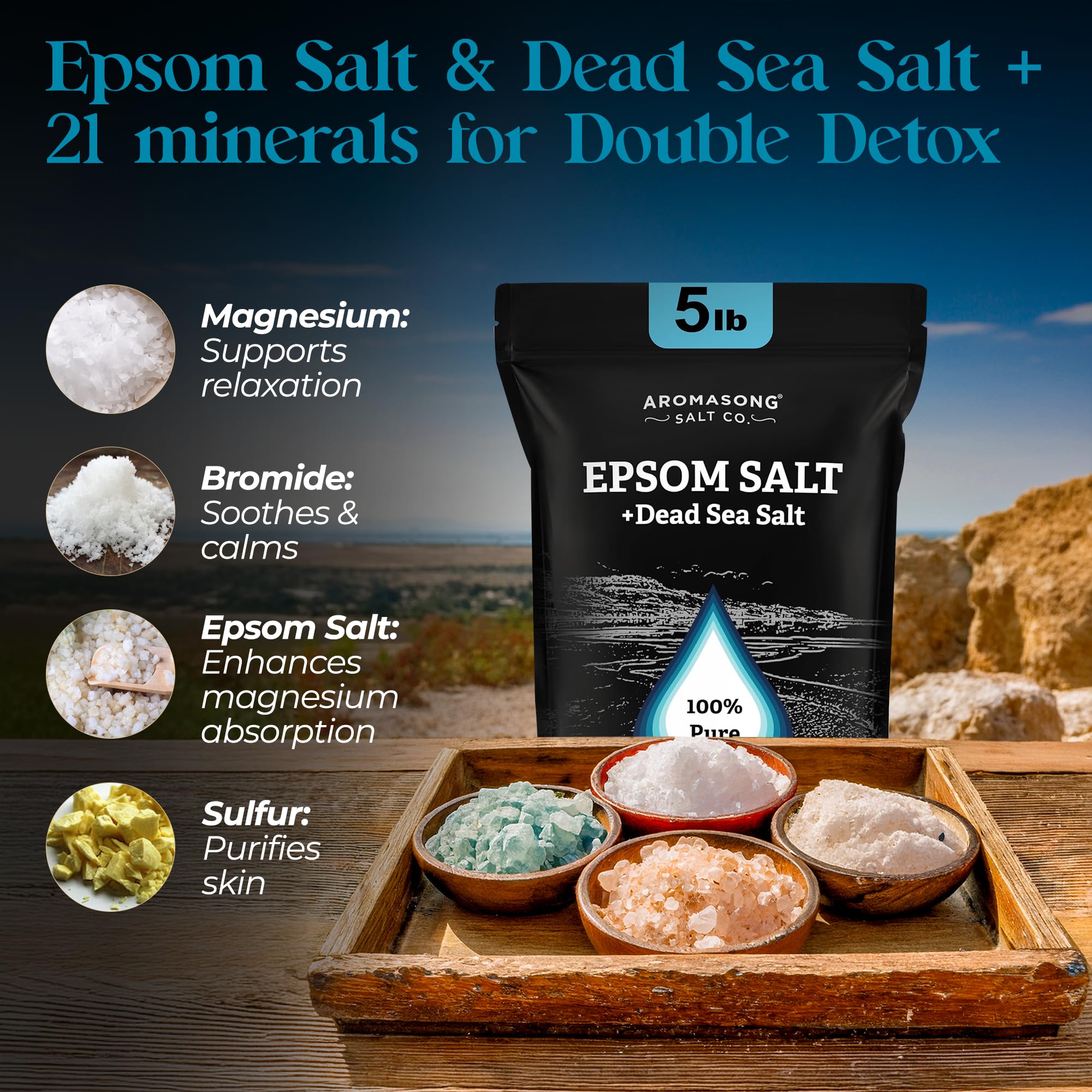 Aromasong Epsom Salt with Dead Sea Salt for Soaking - Bulk 5 Lb - 100% Pure Bath Salt, Foot & Muscle Soak
