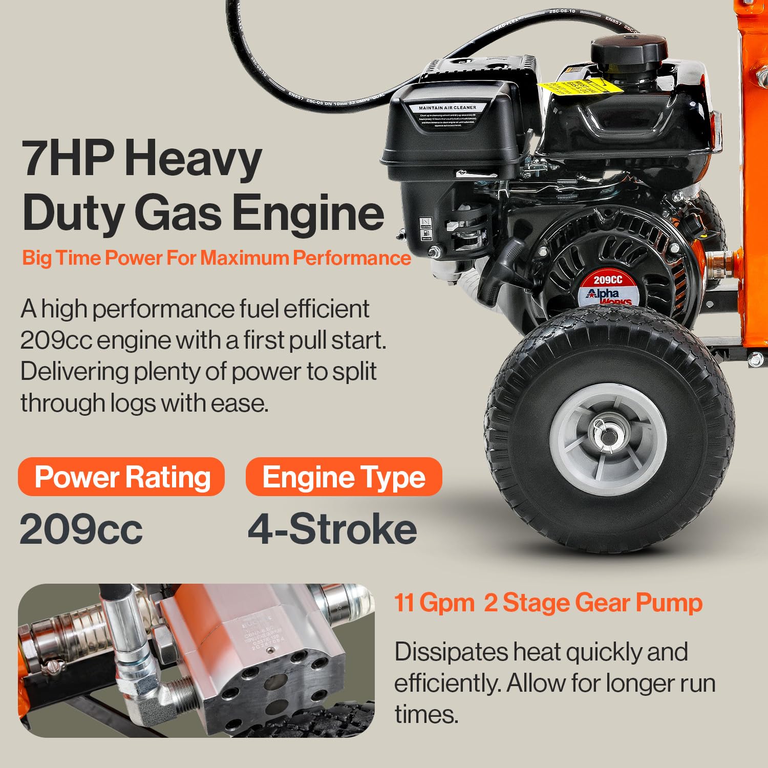 SuperHandy Portable 25 Ton Gas Log Splitter with 7HP Engine, Bucher Gear Pump, and Horizontal/Vertical Half Beam Steel Wedge for Firewood Splitting and Forestry Harvesting