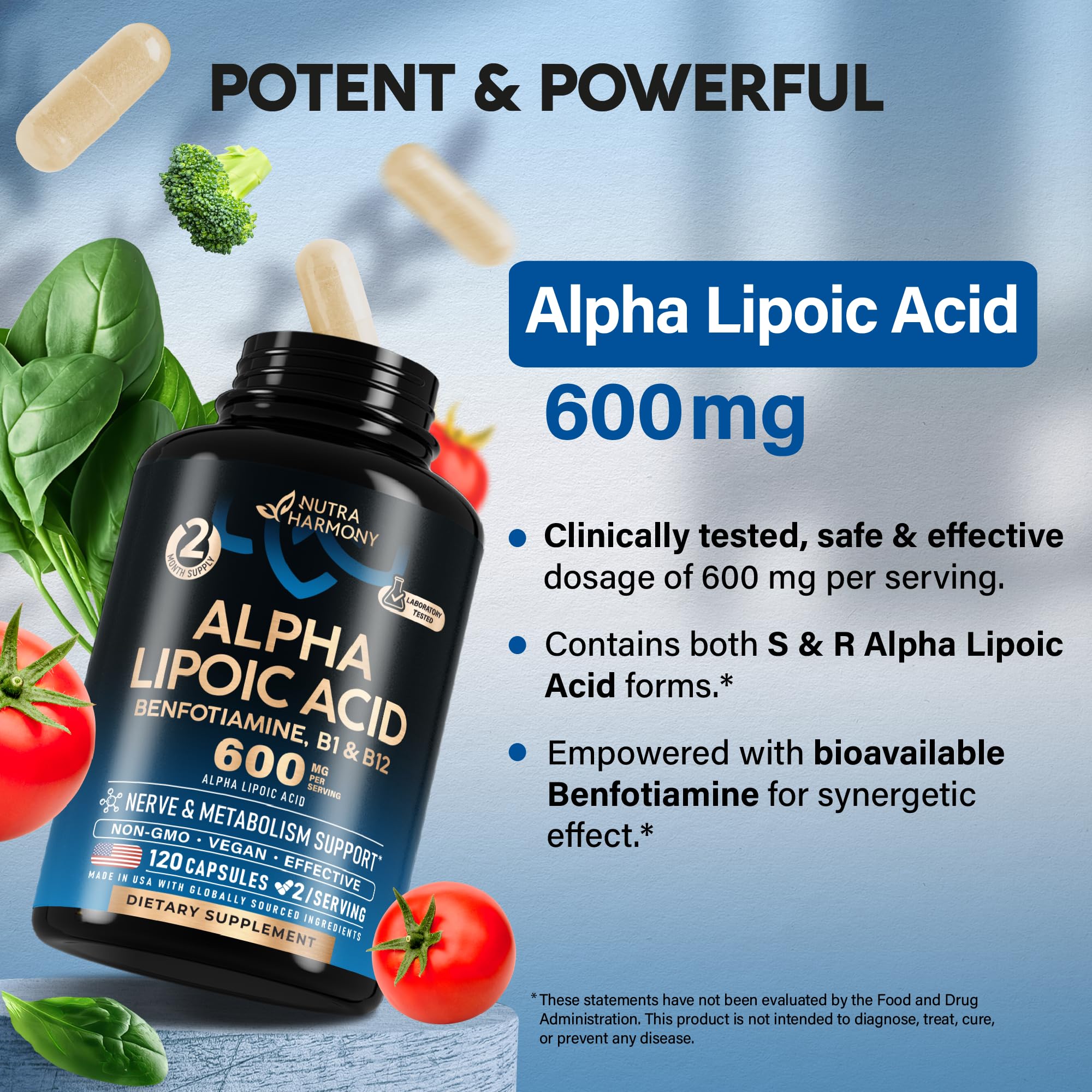 Alpha Lipoic Acid 600mg - ALA Supplement Antioxidant for Nerve, Energy & Metabolism Support - Extra Strength with Benfotiamine, B1 & B12 - Lab Tested, NON-GMO & Vegan - 120 Capsules, 2 Month Supply