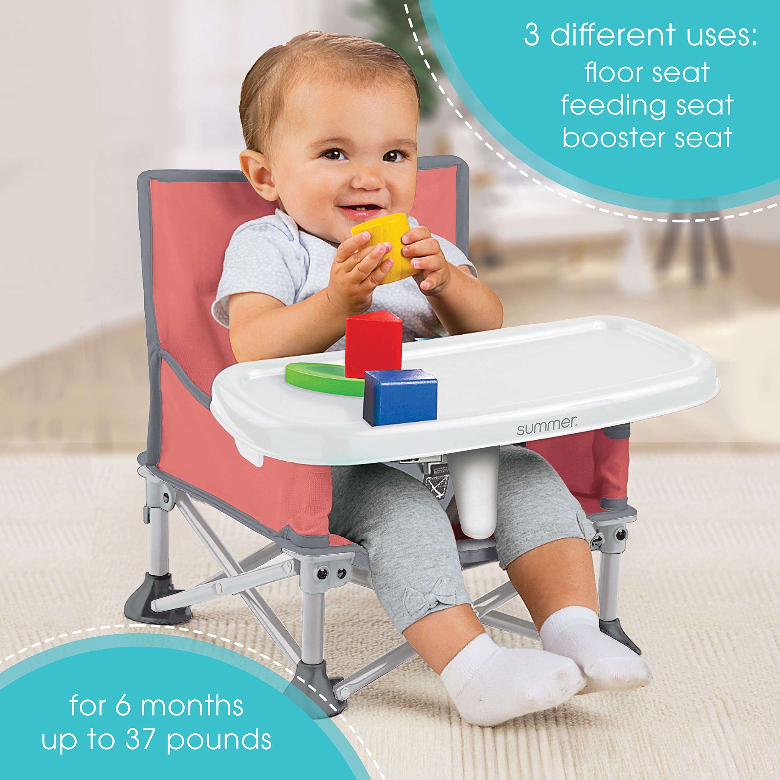 Summer by Bright Starts Pop 'N Sit Portable Booster Chair, Floor Seat, Indoor/Outdoor Use, Compact Fold, Coral, 6 Mos - 3 Yrs