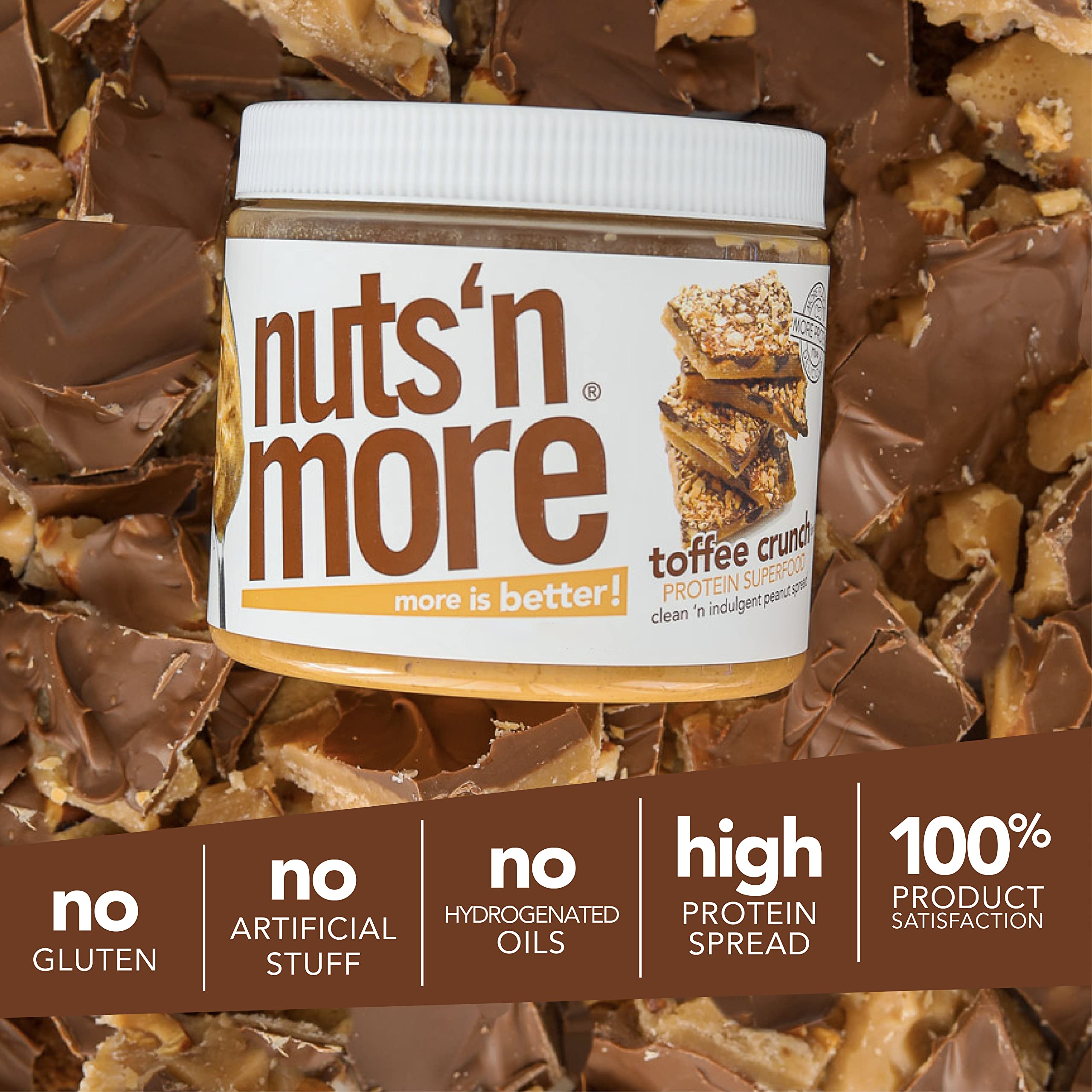 Nuts ‘N More Toffee Crunch Peanut Butter Spread, Added Protein All Natural Snack, Low Carb, Low Sugar, High Protein Flavored Nut Butter (15 oz Jar)