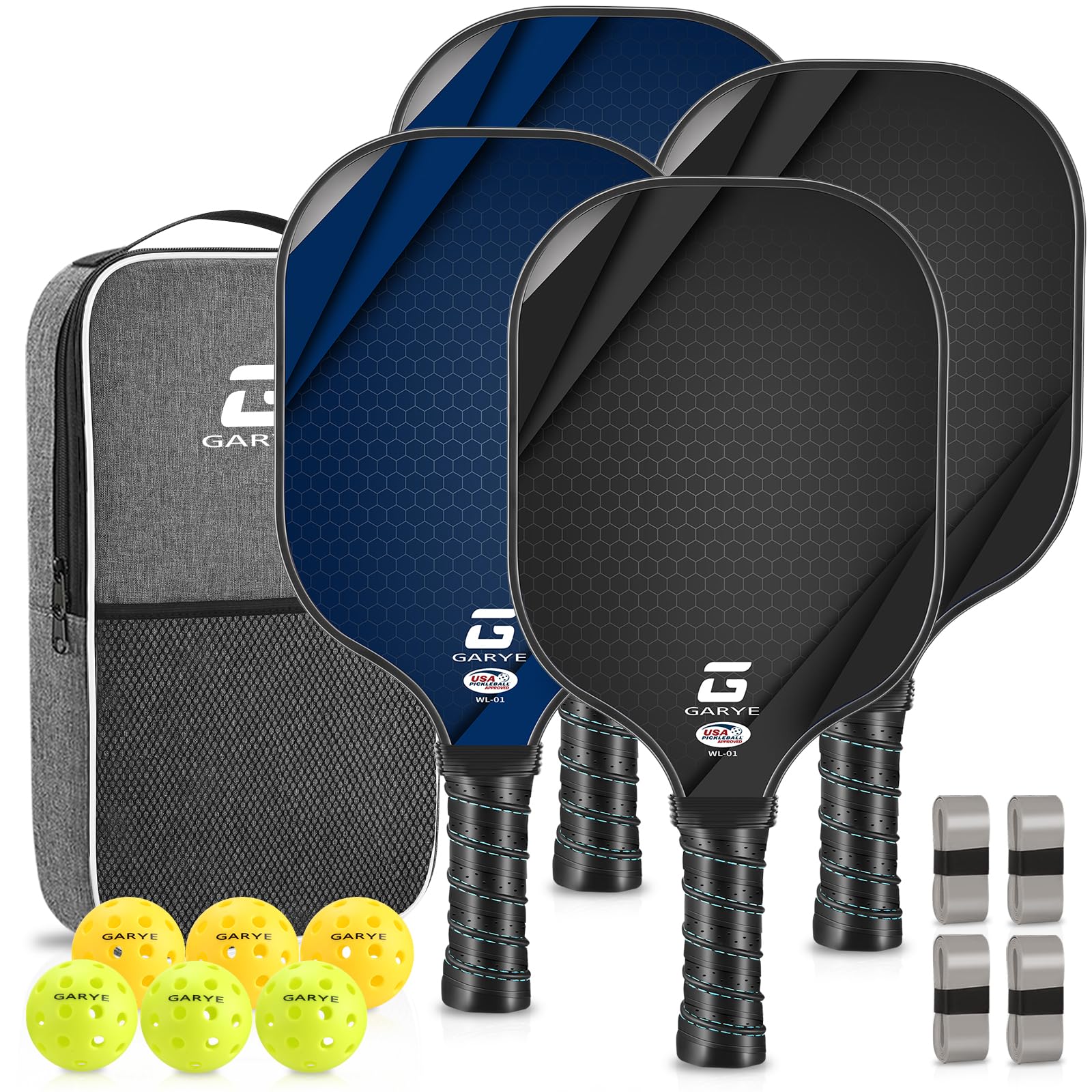 GARYE Pickleball Paddles Set of 4, Carbon Fiber Pickle Ball Paddle, USAPA Approved Lightweight Rackets 4 Pack for Adults and Teenagers, Includes 6 Balls, 1 Bag, and 4 Grip Tapes.